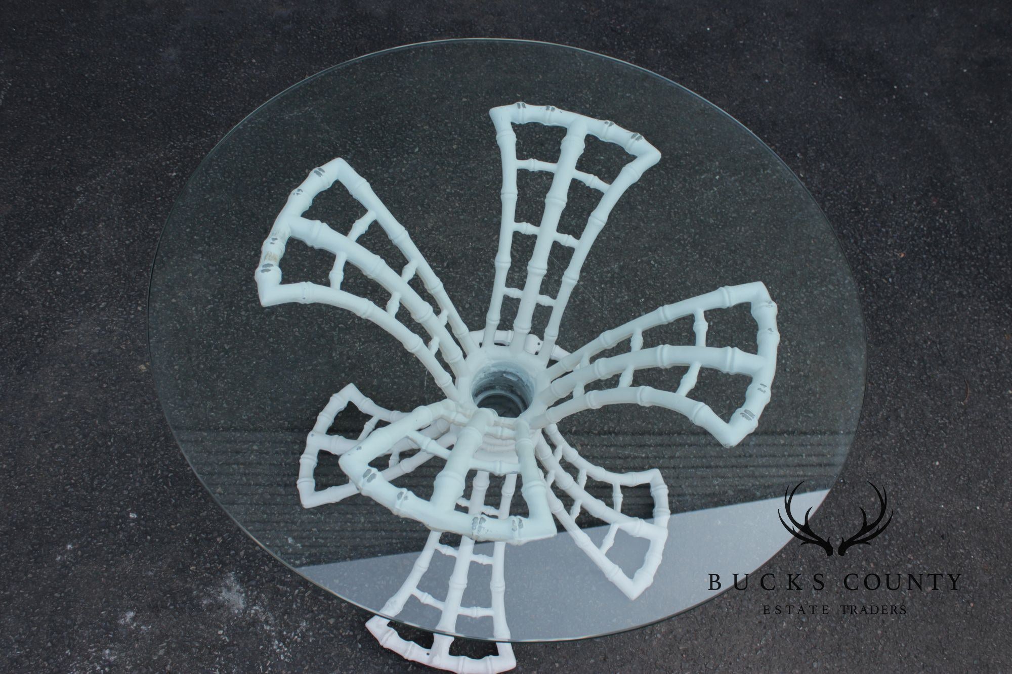 Hollywood Regency Cast Aluminum Faux Bamboo Round Glass Top Patio Table