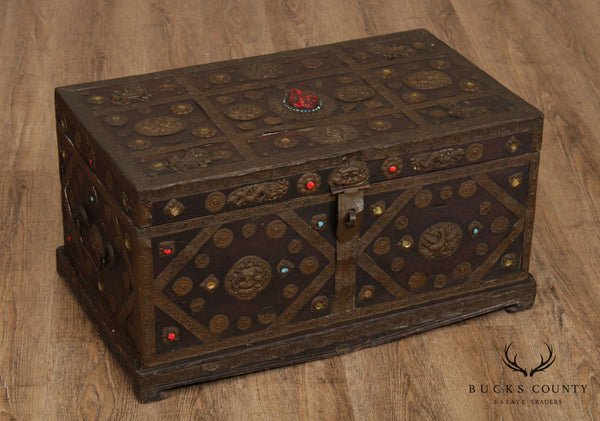 19th Century Tibetan Turquoise and Red Coral Decorated Travel Chest
