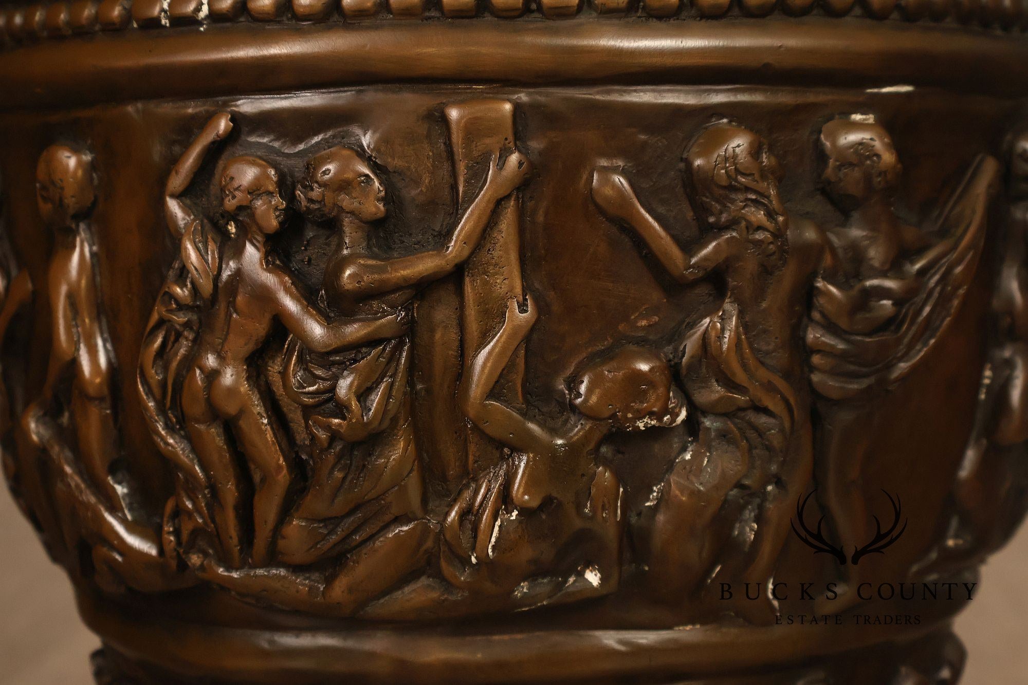 Neoclassical Style Large Pair Of Cast Bronze Covered Urns With Figural Relief