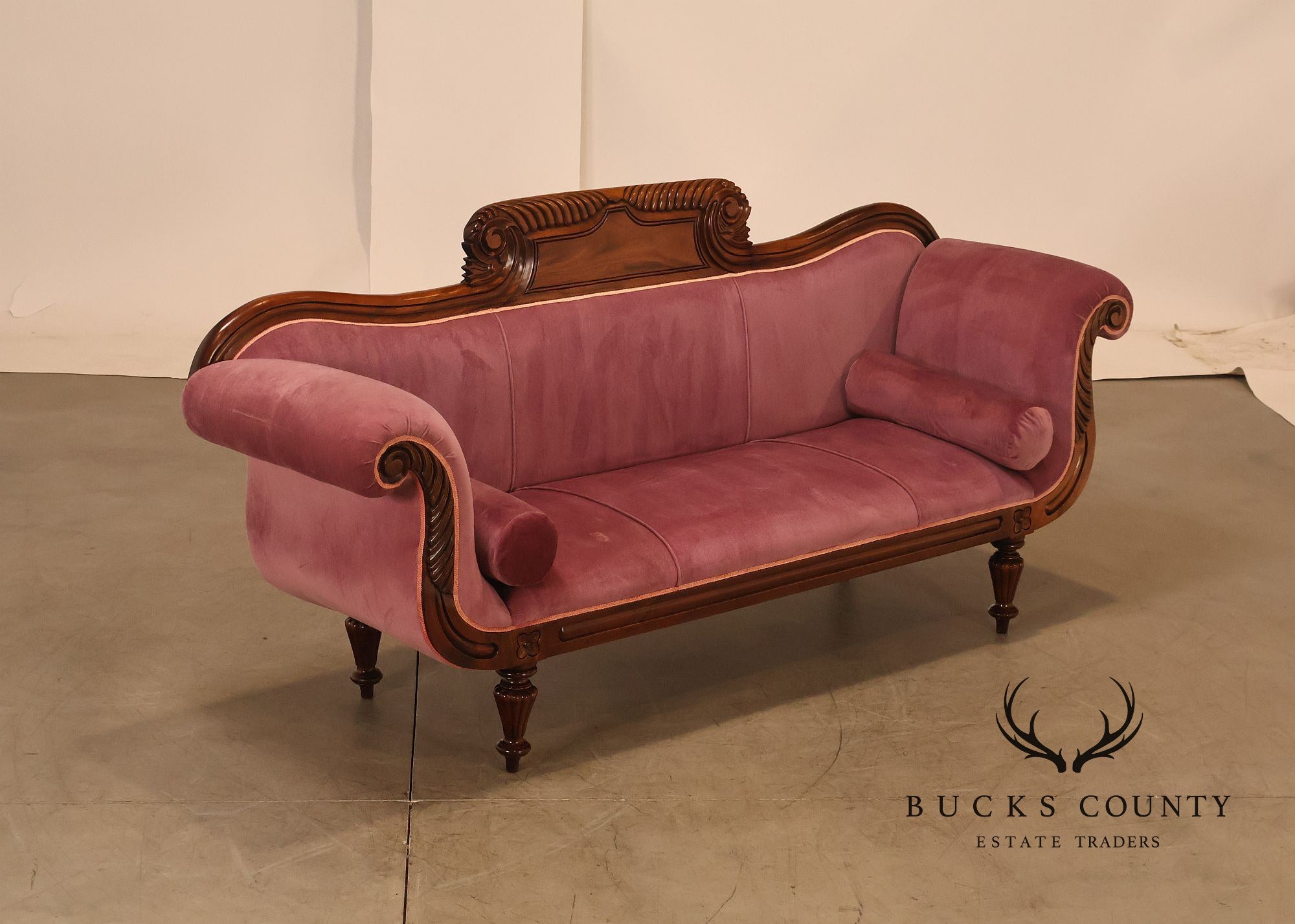 Victorian Style Mahogany Carved Wood Framed Pink Velour Upholstered Sofa