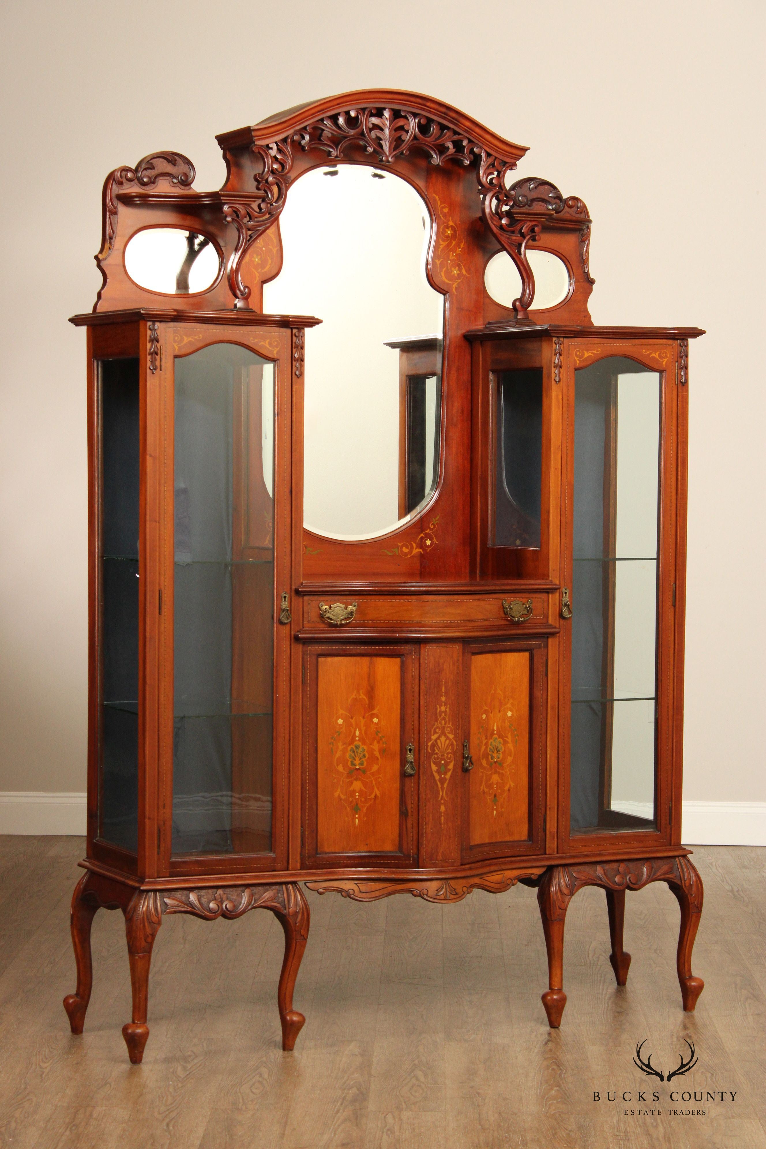 Antique Edwardian Mahogany Carved and Inlaid Double Display Etagere Cabinet