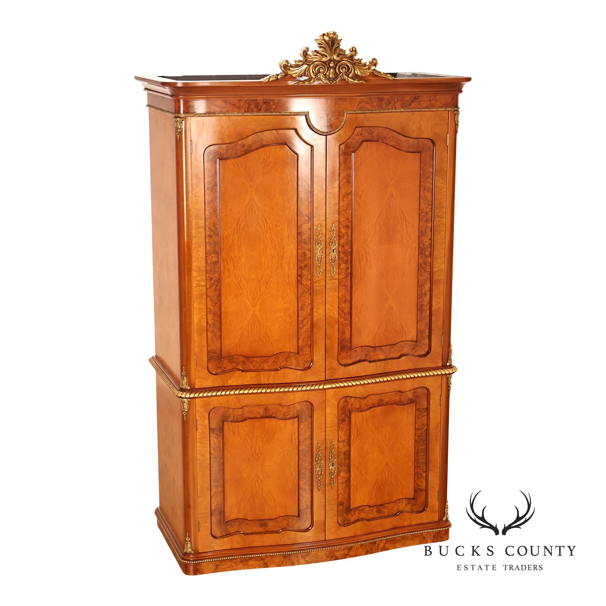 French Louis XV Style Burl Walnut Linen Closet Armoire