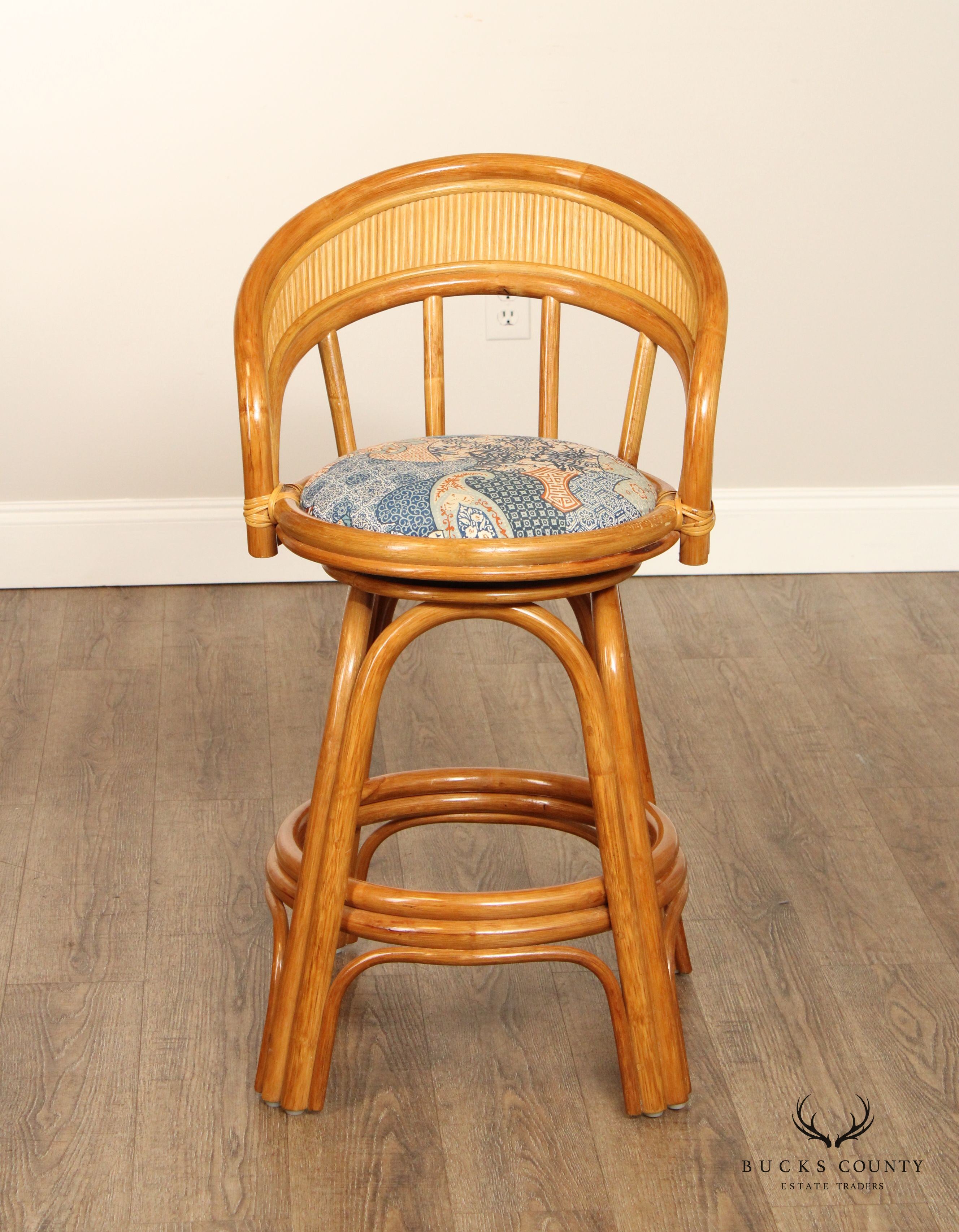 Hollywood Regency Style Vintage Pair of Rattan Swivel Counter Stools