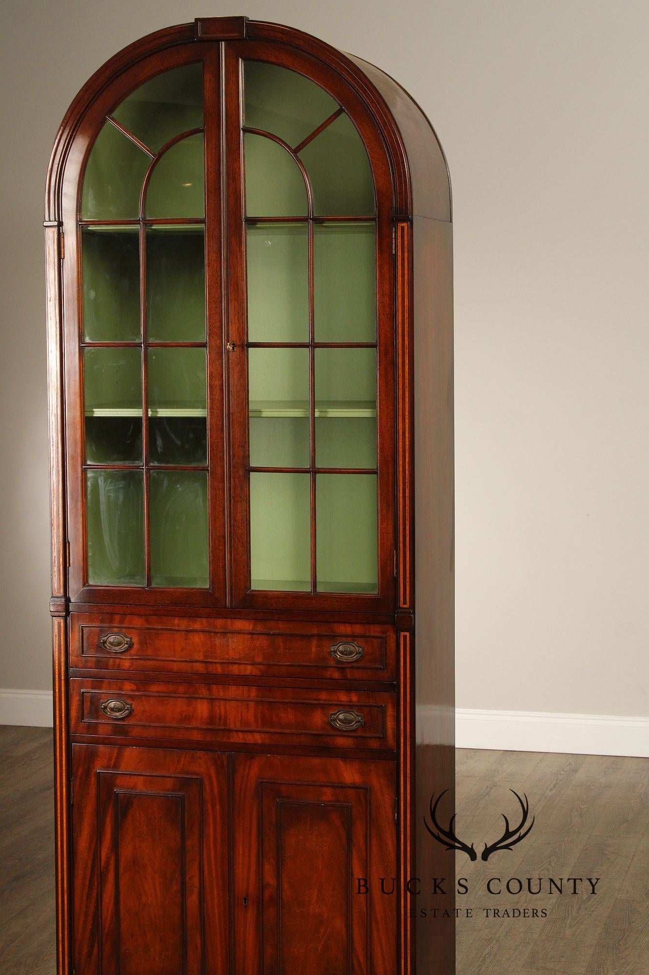 English Regency Style Pair of Mahogany Arched Glass Door Bookcases