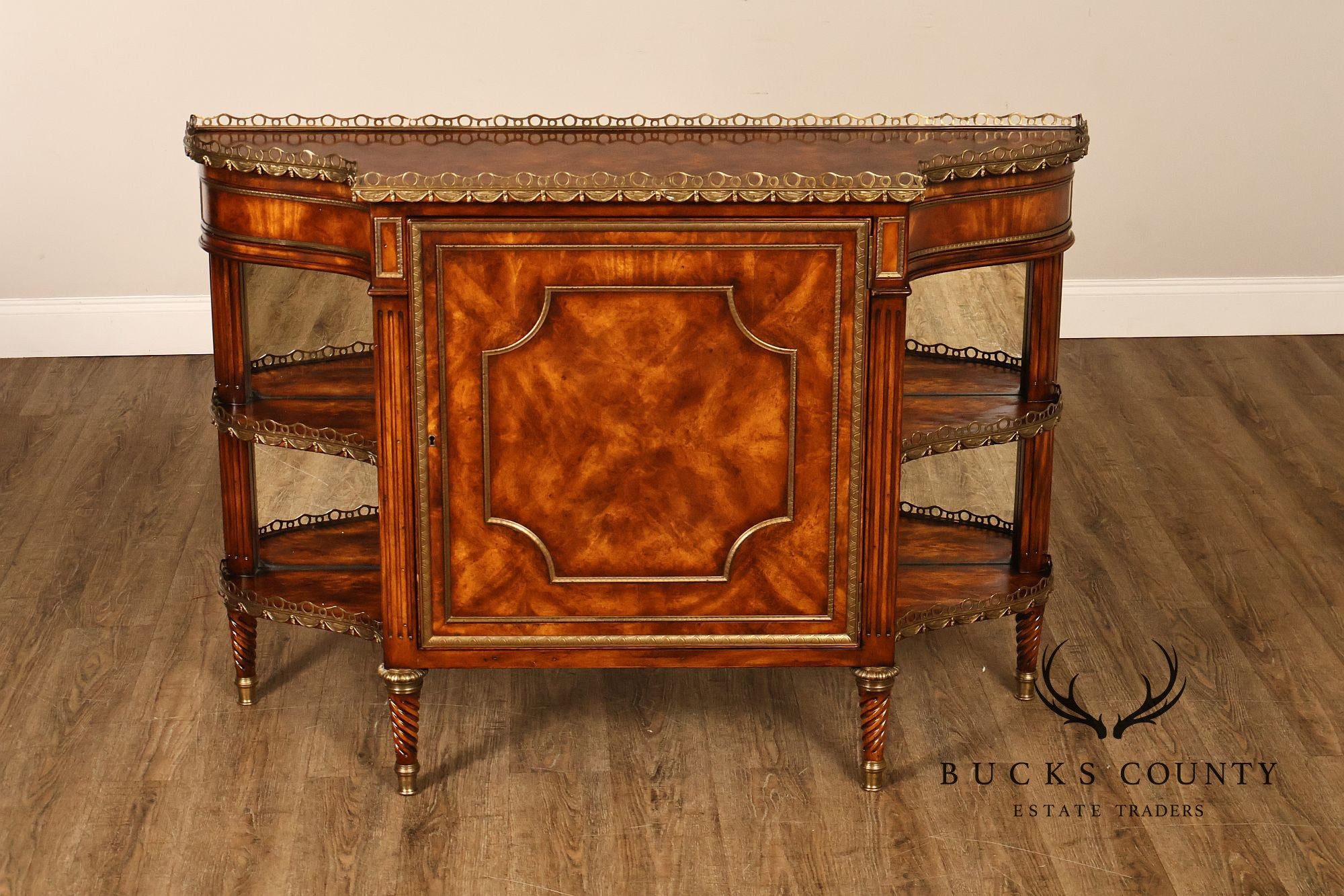 Theodore Alexander French Louis XVI Style Burl Wood Brass Mounted Gallery Top Pair Of Side Cabinets