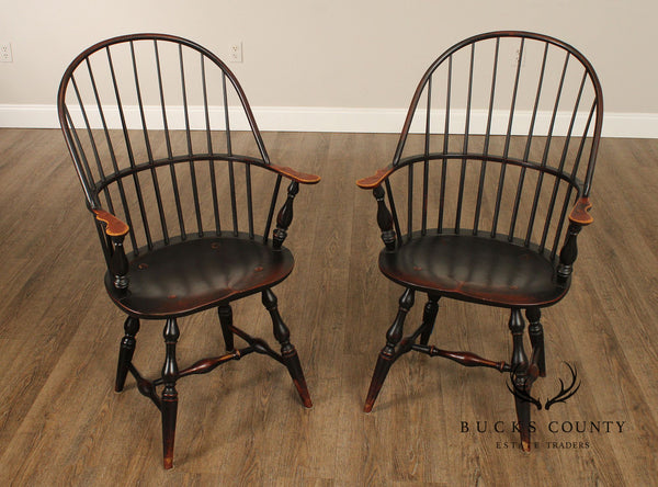 Custom Quality Pair of Distressed Painted Windsor Armchairs