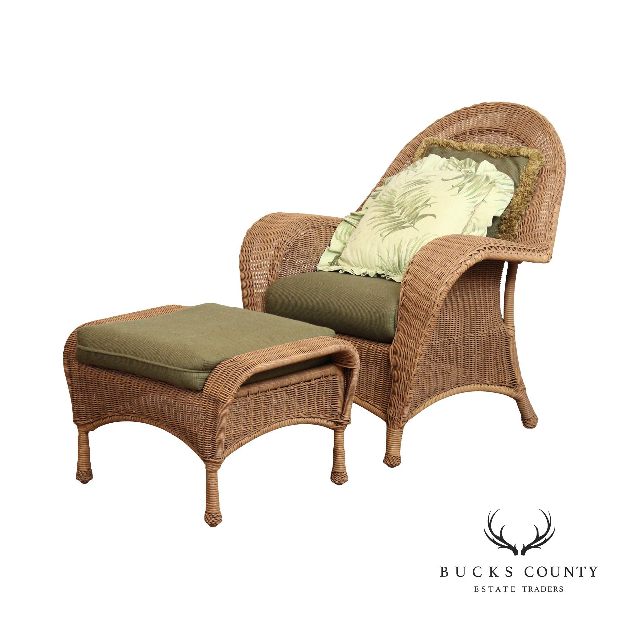 Victorian Style Woven Wicker Armchair and Ottoman