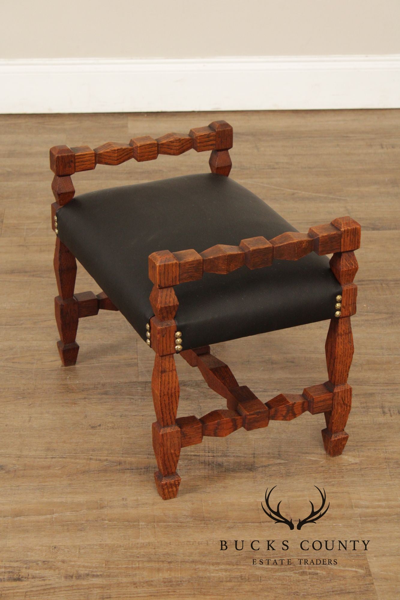 Unusual Antique Arts & Crafts Carved Oak Bench