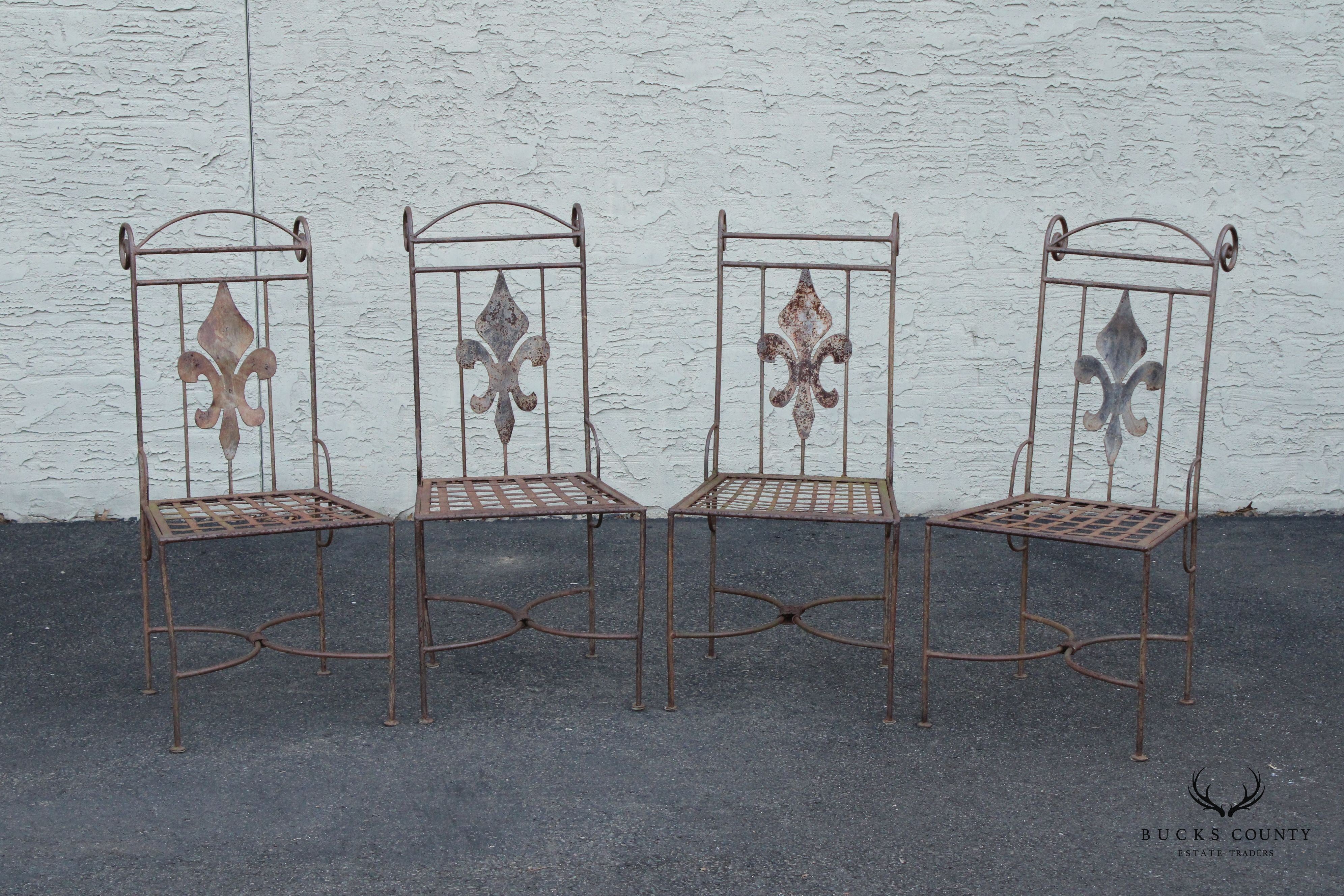 French Style Vintage Set of Four Wrought Iron Garden Side Dining Chairs