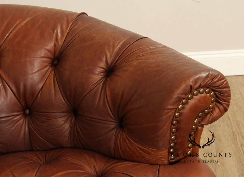 English Traditional Tufted Leather Curved Chesterfield Sofa