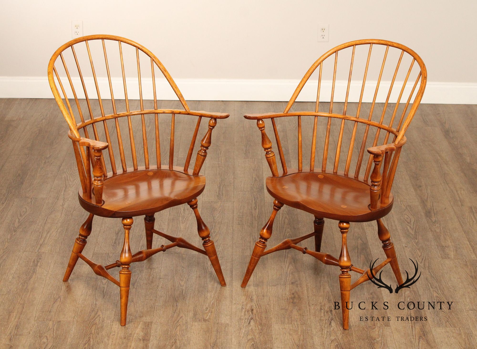 River Bend Chair Co. Pair of Mixed Wood Windsor Armchairs