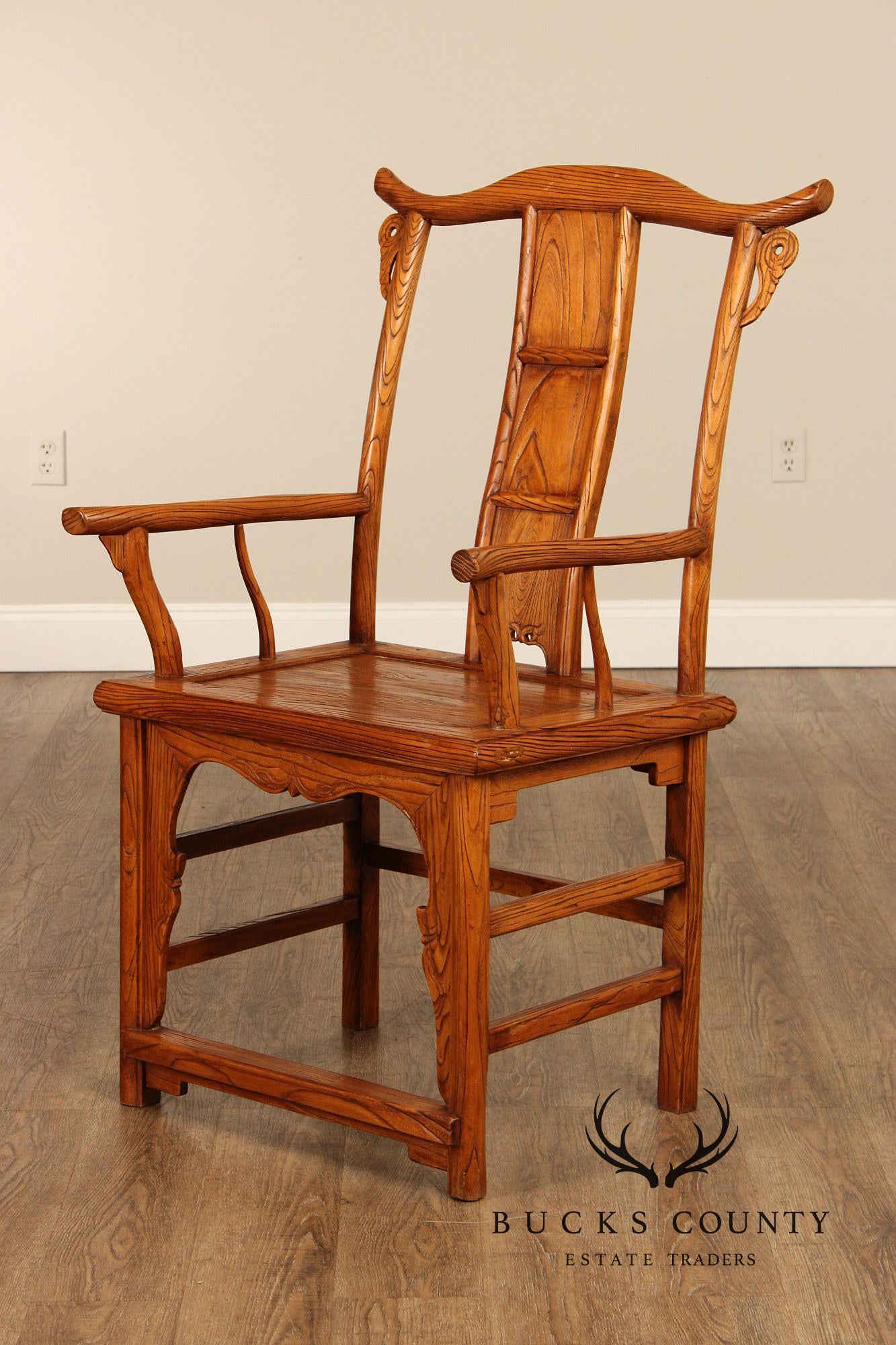 Asian Vintage Pair of Elm Yoke Back Armchairs