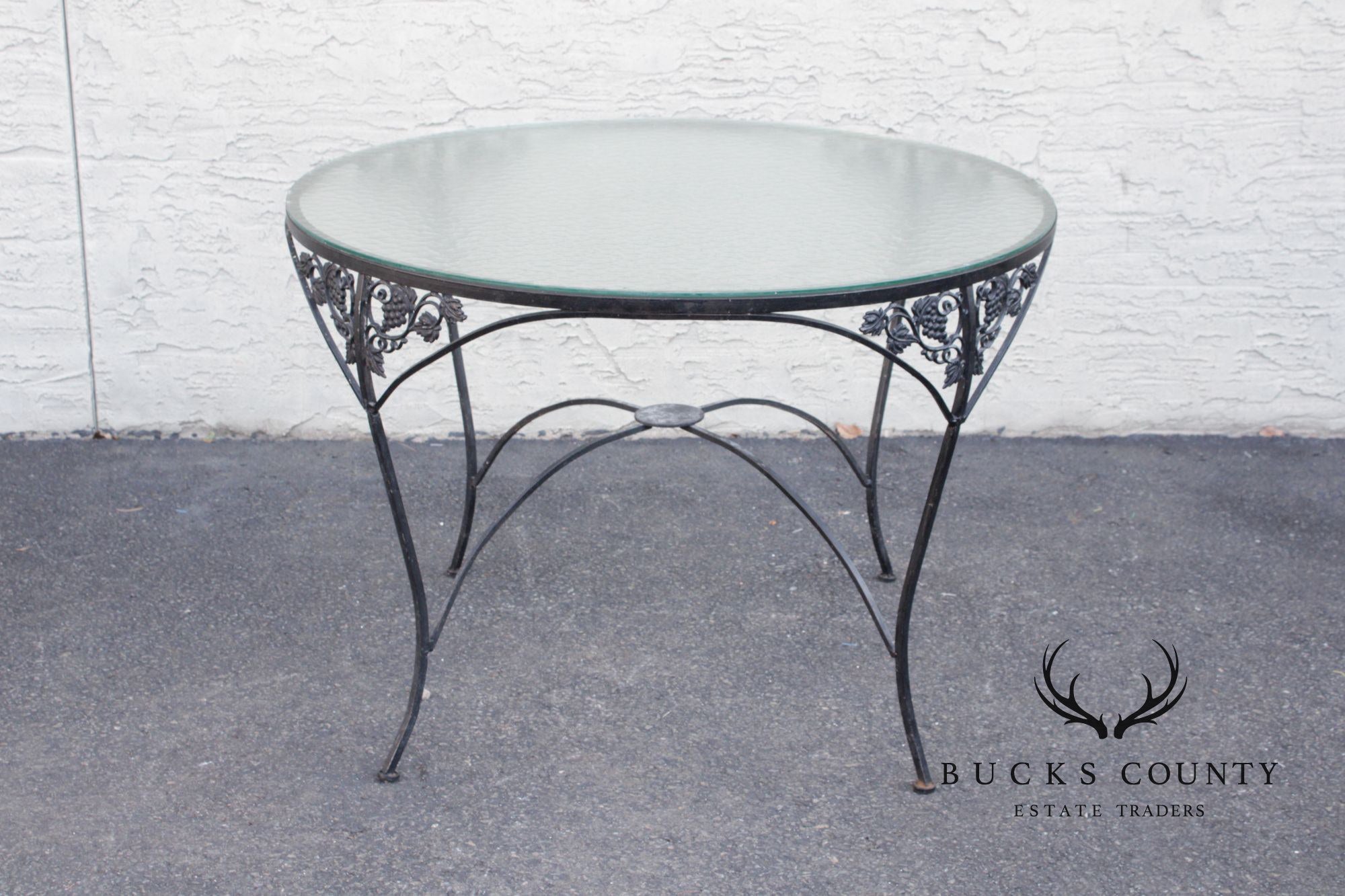 Vintage Round Glass Top Wrought Iron Outdoor Patio Dining Table