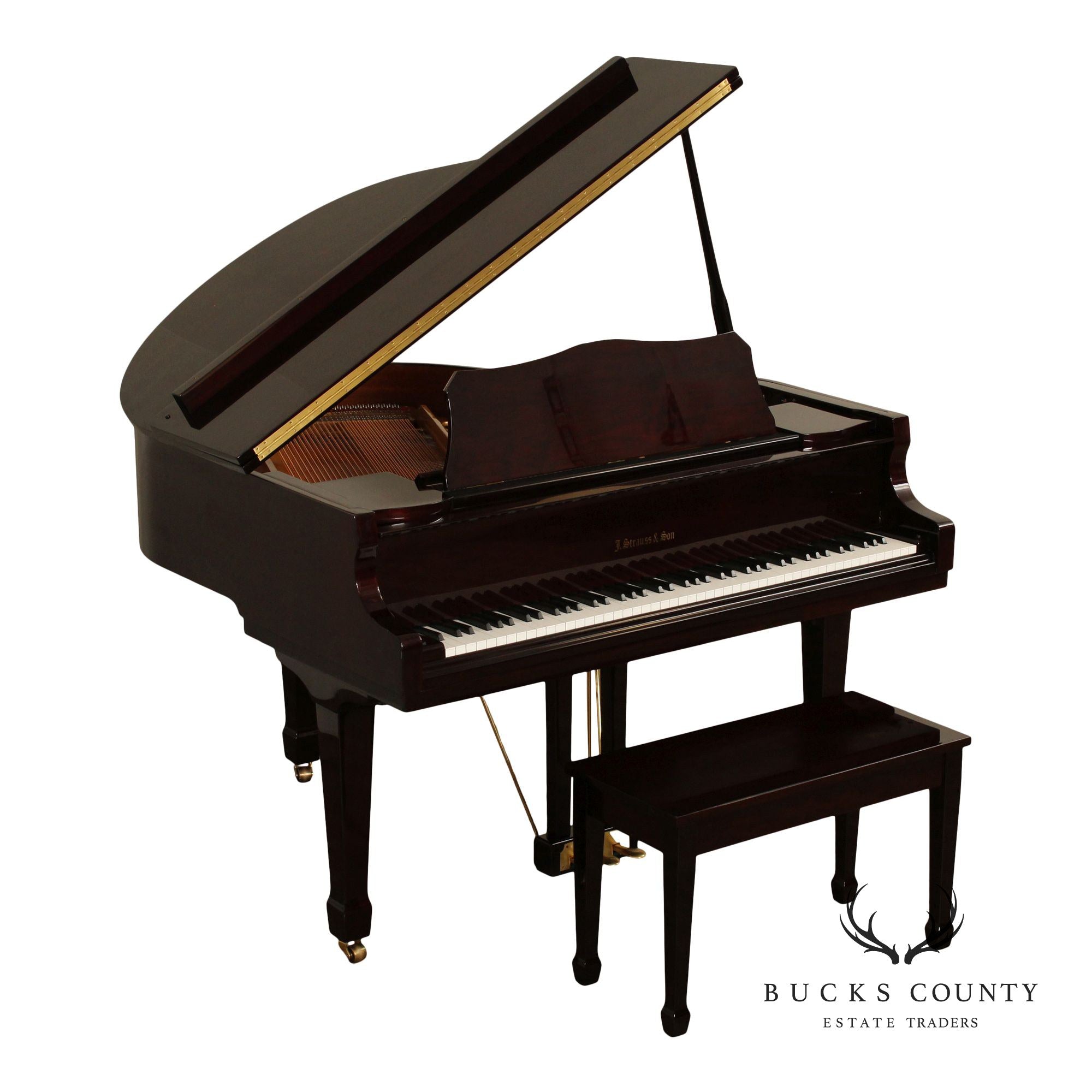 J. Strauss & Son Lacquered Mahogany Baby Grand Piano With Bench