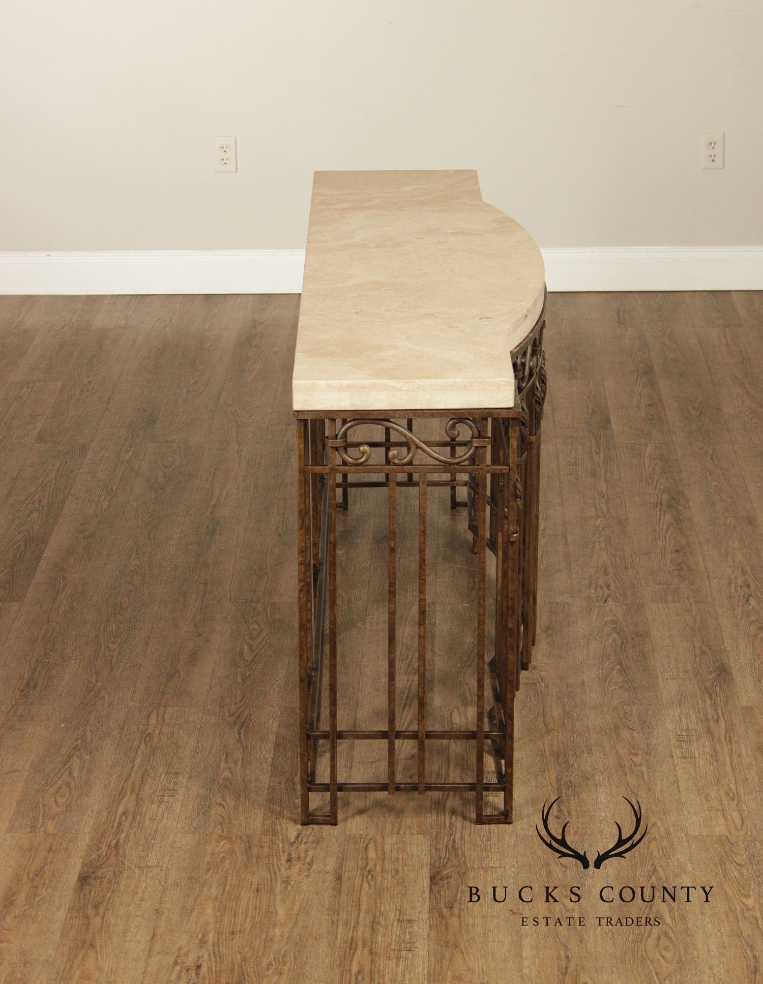 Wrought Iron Travertine Top Long Console Table