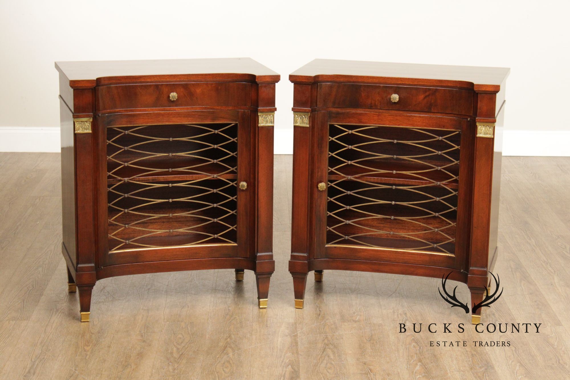 Regency Style Quality Vintage Pair of Mahogany Nightstands With Brass Accents