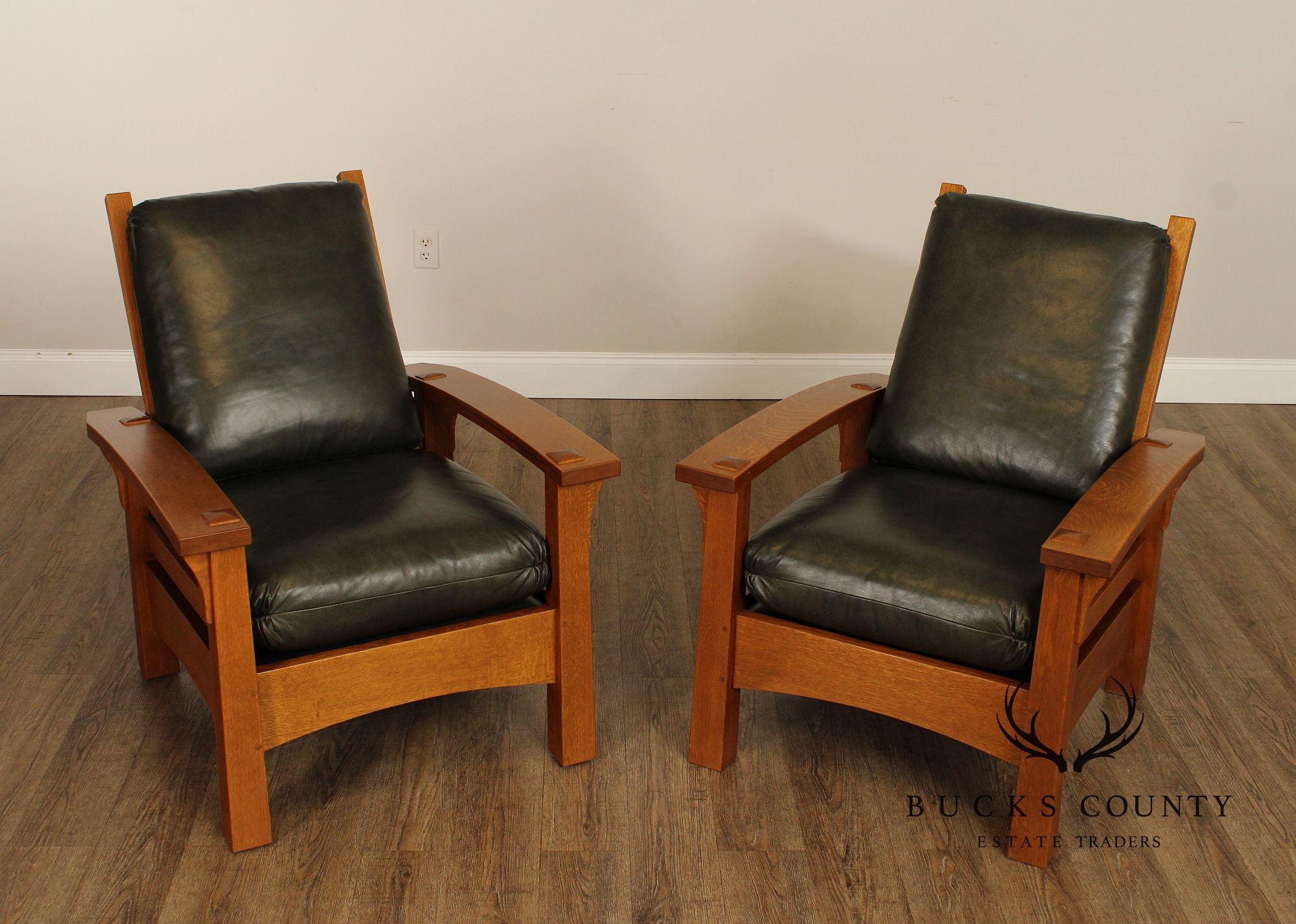 Stickley Mission Collection Pair of Gus Bow Arm Oak Morris Chairs