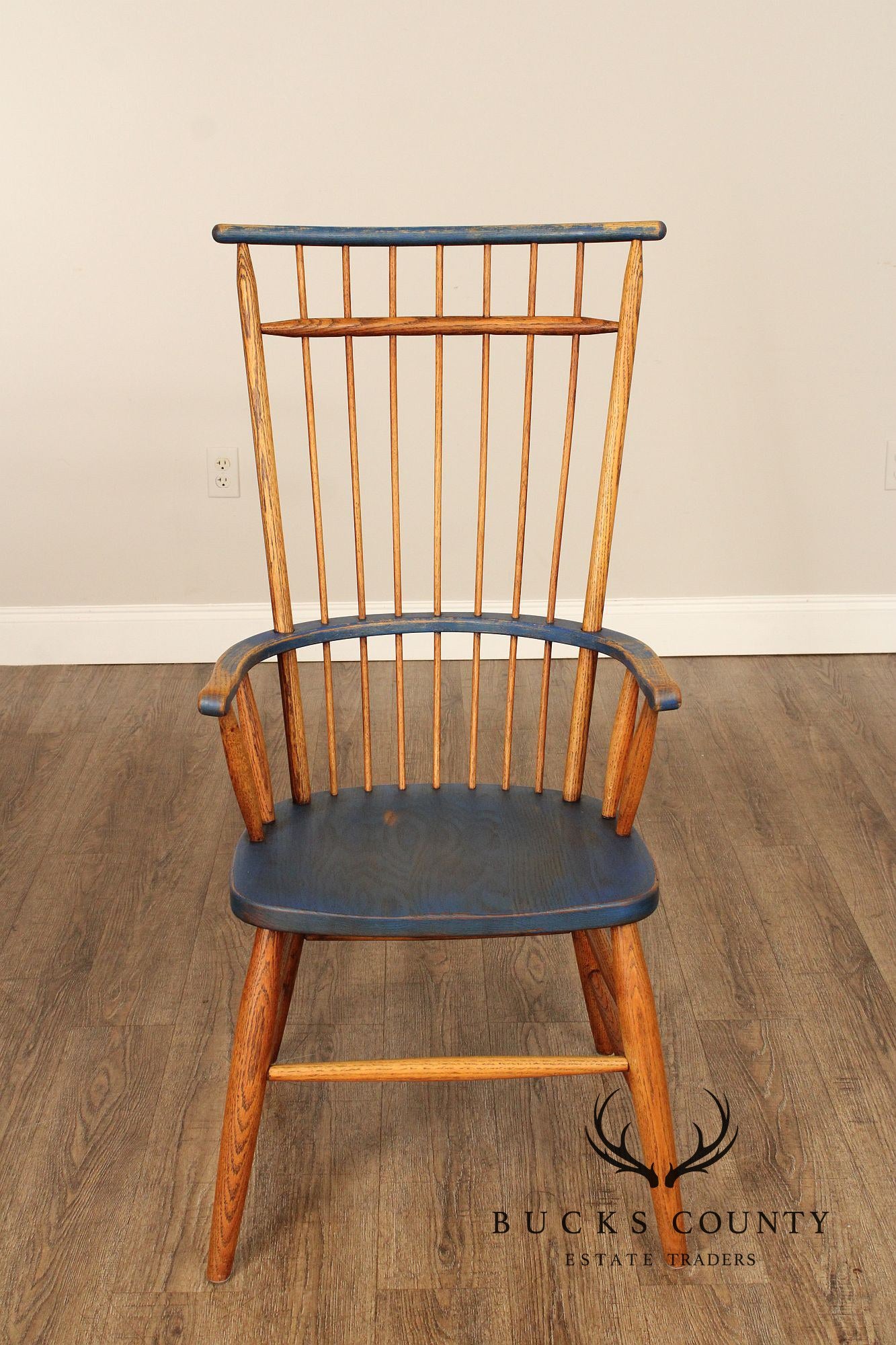 Early American Style Set of Four Oak Painted Windsor Armchairs