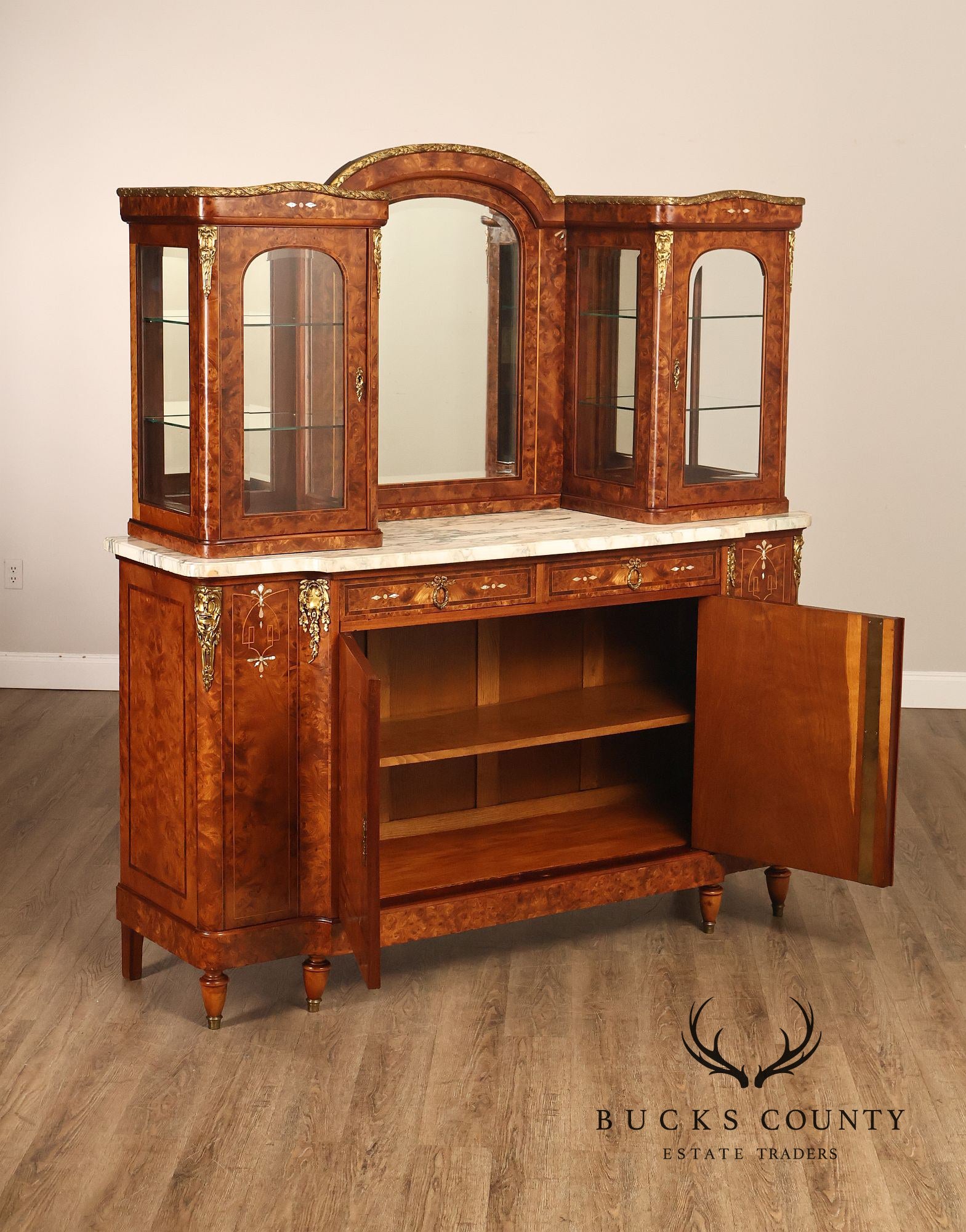 French Belle Époque Art Nouveau Burled Walnut Marble Top Sideboard With Display Cabinets