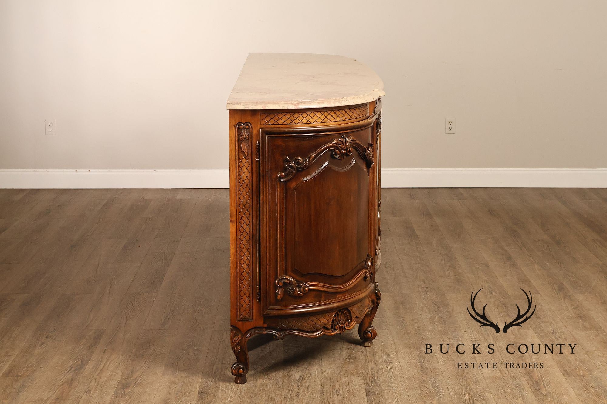 French Louis XV Style 106" Long Marble Top Walnut Sideboard