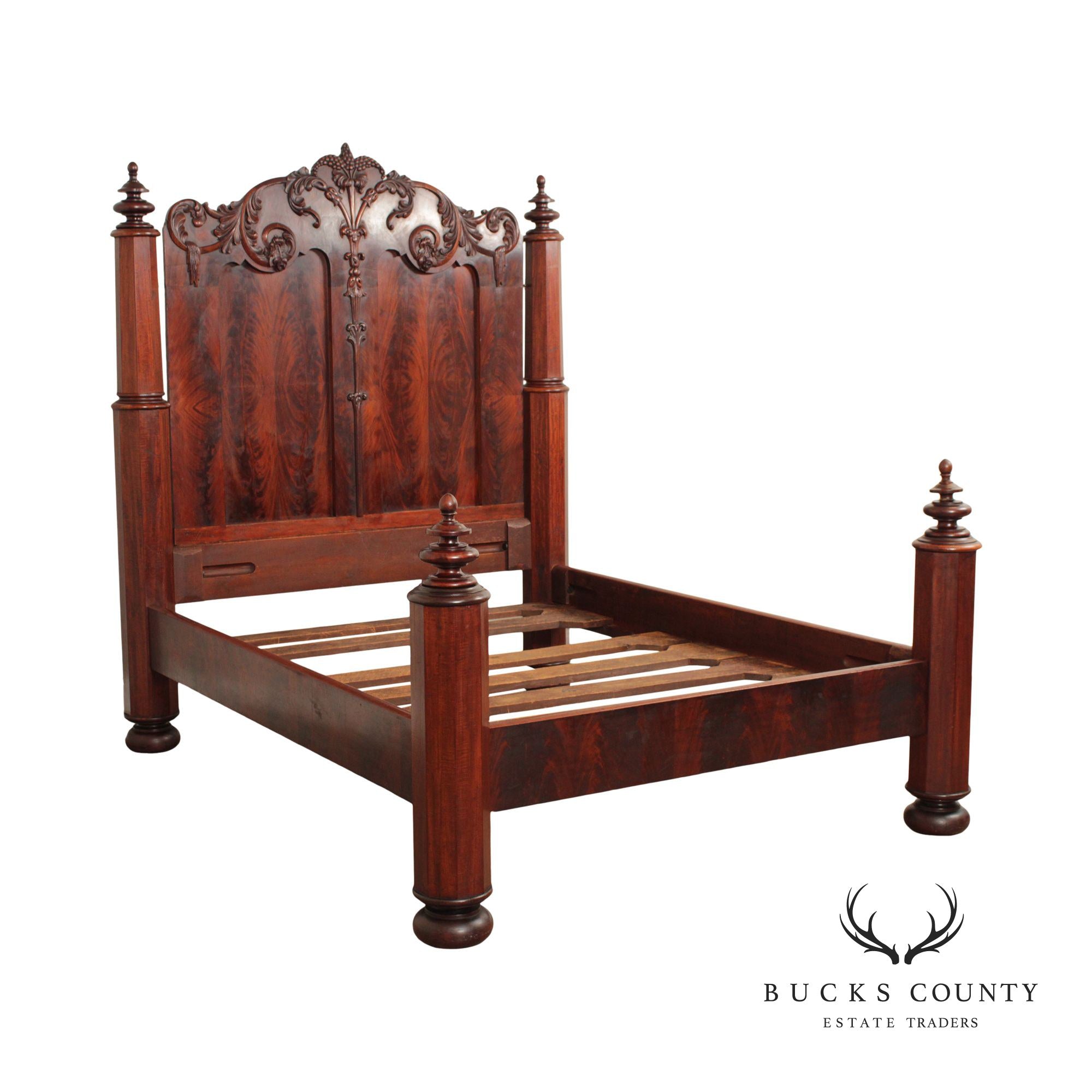 Antique Victorian Renaissance Revival Mahogany Queen Bed Frame