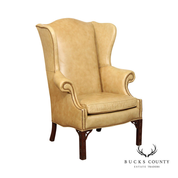 Chippendale Style Tan Leather Wing Chair