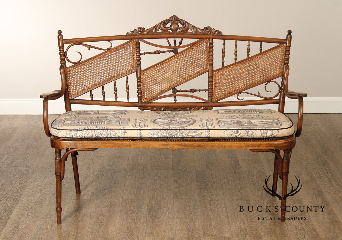 Vintage Thonet Style Bentwood And Caned Settee With Upholstered Cushion