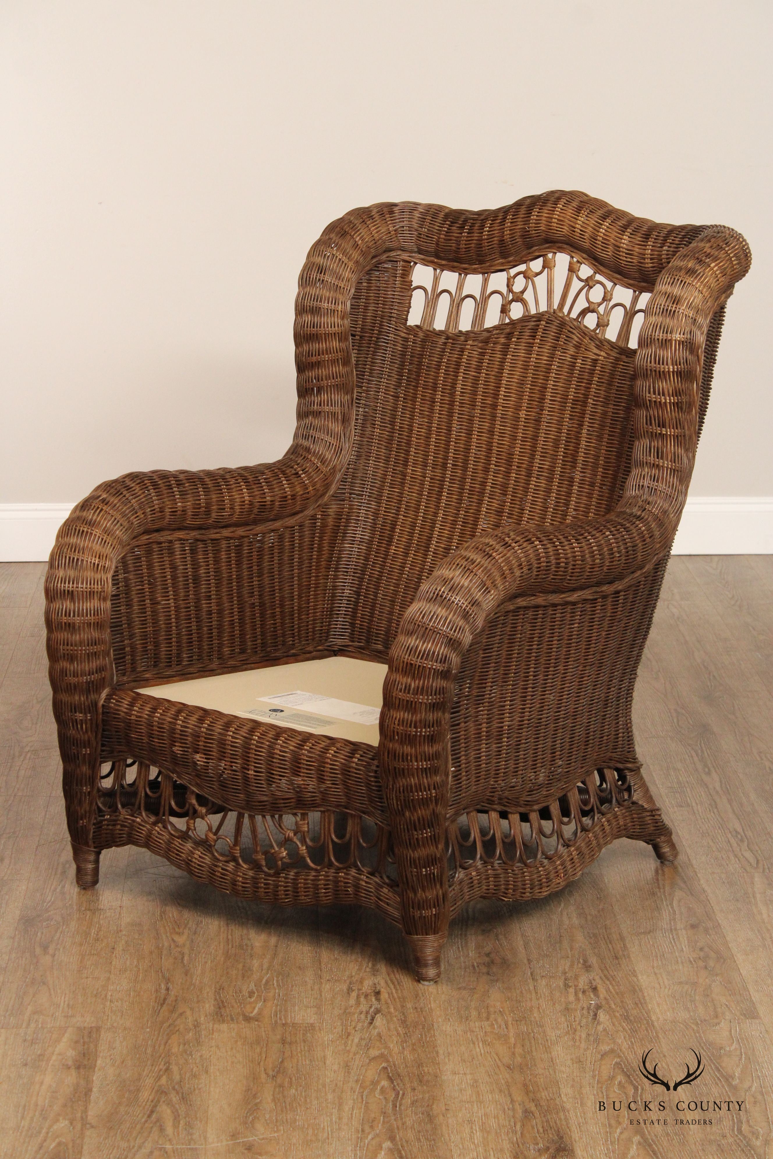 Ethan Allen Victorian Style Wicker Wing Chair and Ottoman