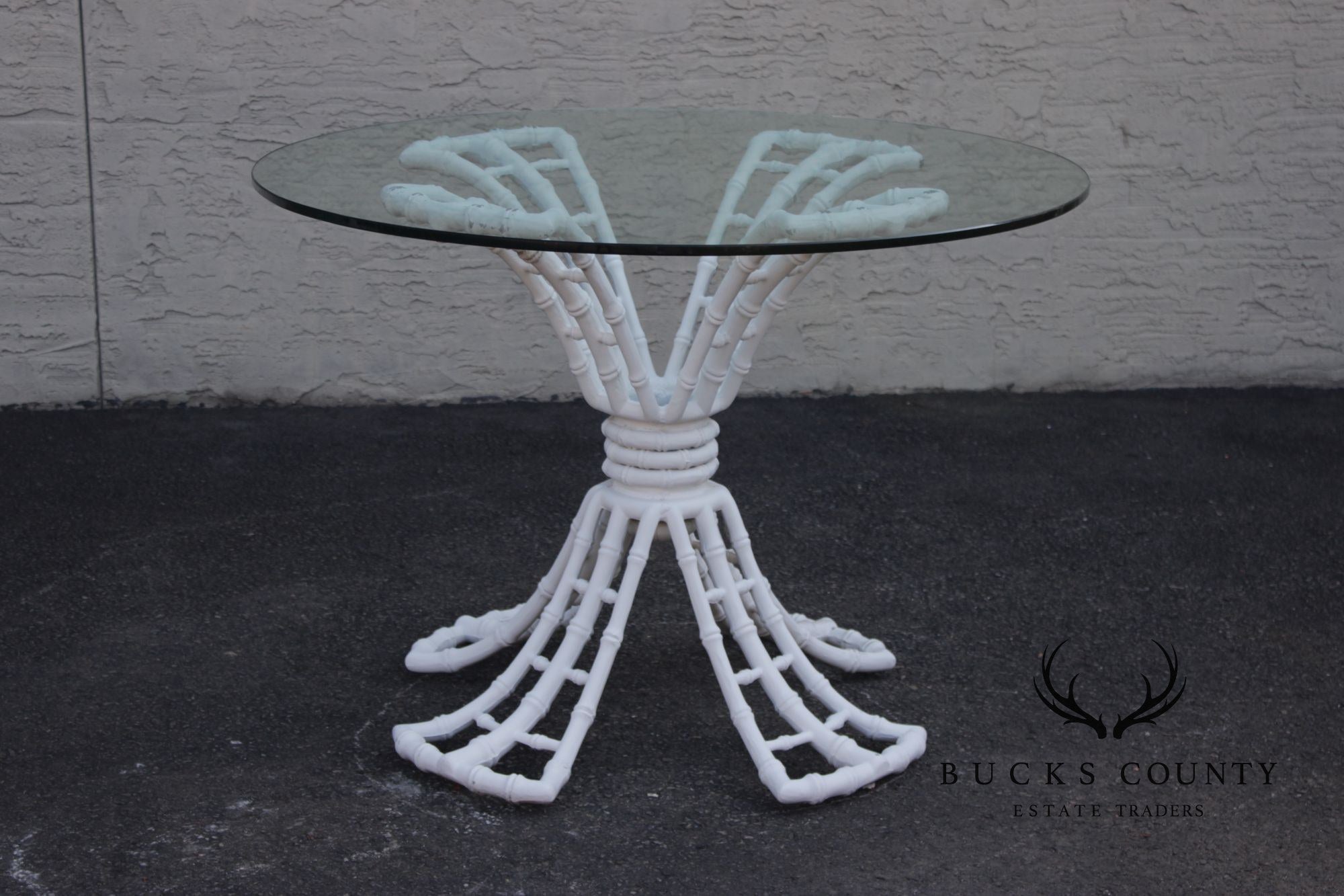 Hollywood Regency Cast Aluminum Faux Bamboo Round Glass Top Patio Table