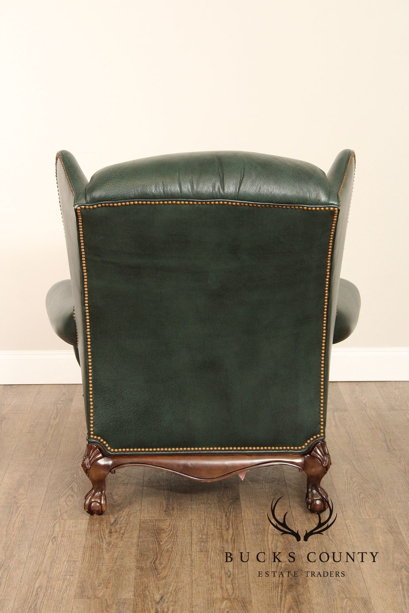 Hancock & Moore Chippendale Style Pair Of Green Leather Bustle Back Wing Chairs