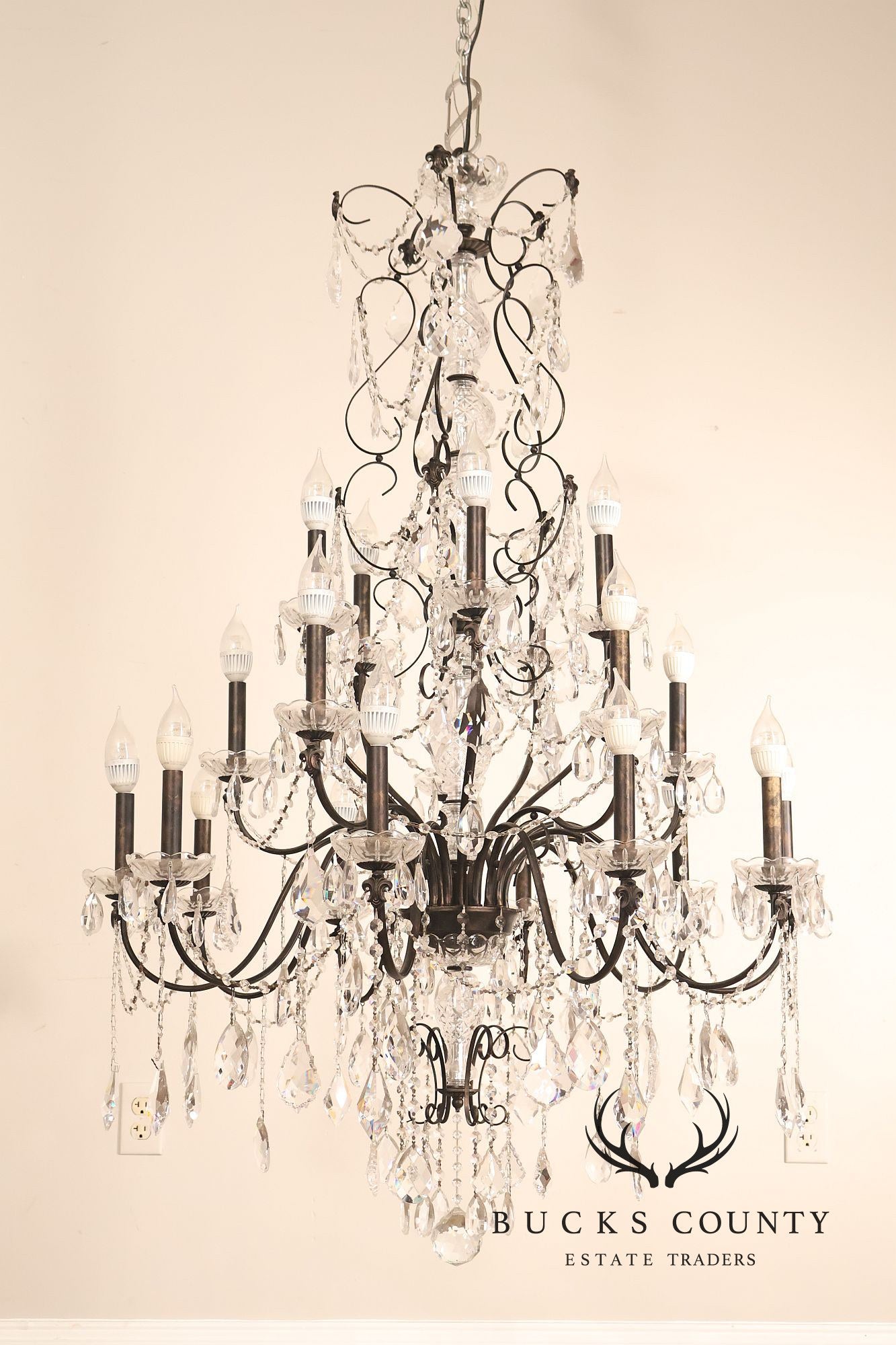 Large Twenty-Light Crystal And Wrought Iron 55" Chandelier