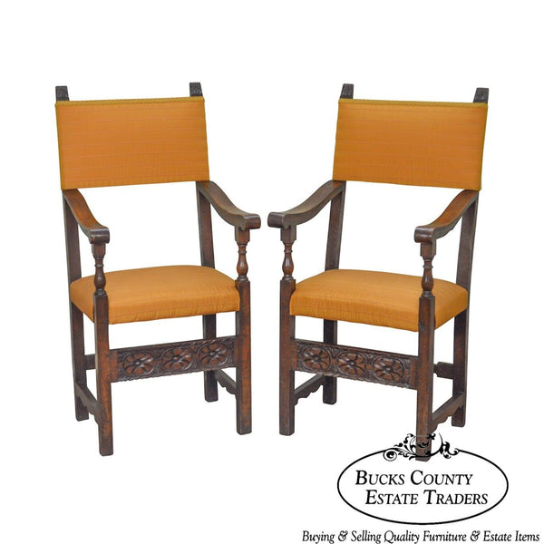 Antique Pair of Italian 19th Century Walnut High Back Throne Arm Chairs