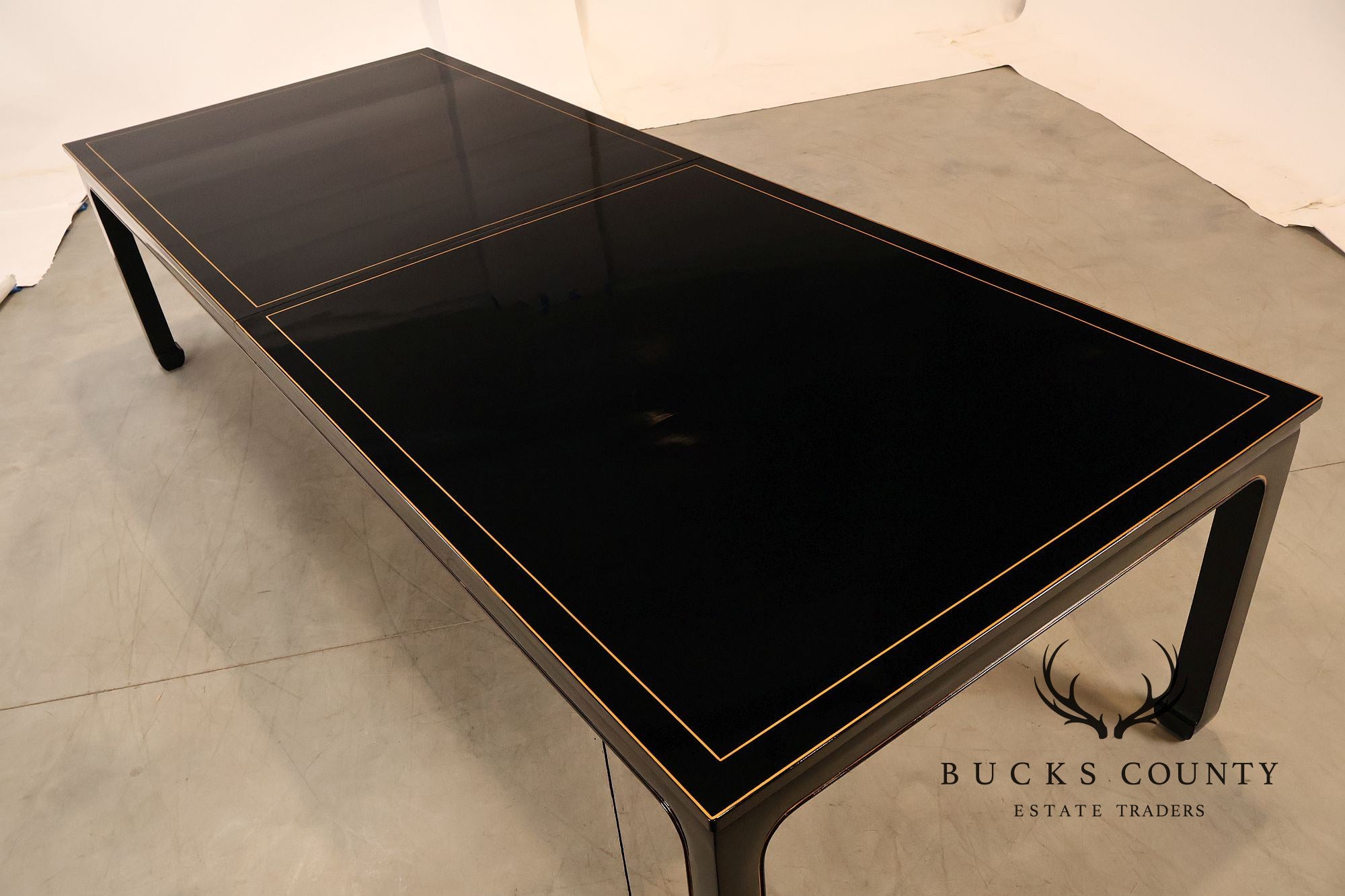 Custom Black Lacquered 12 Foot Extendable Dining Table With Gold Line Inlay