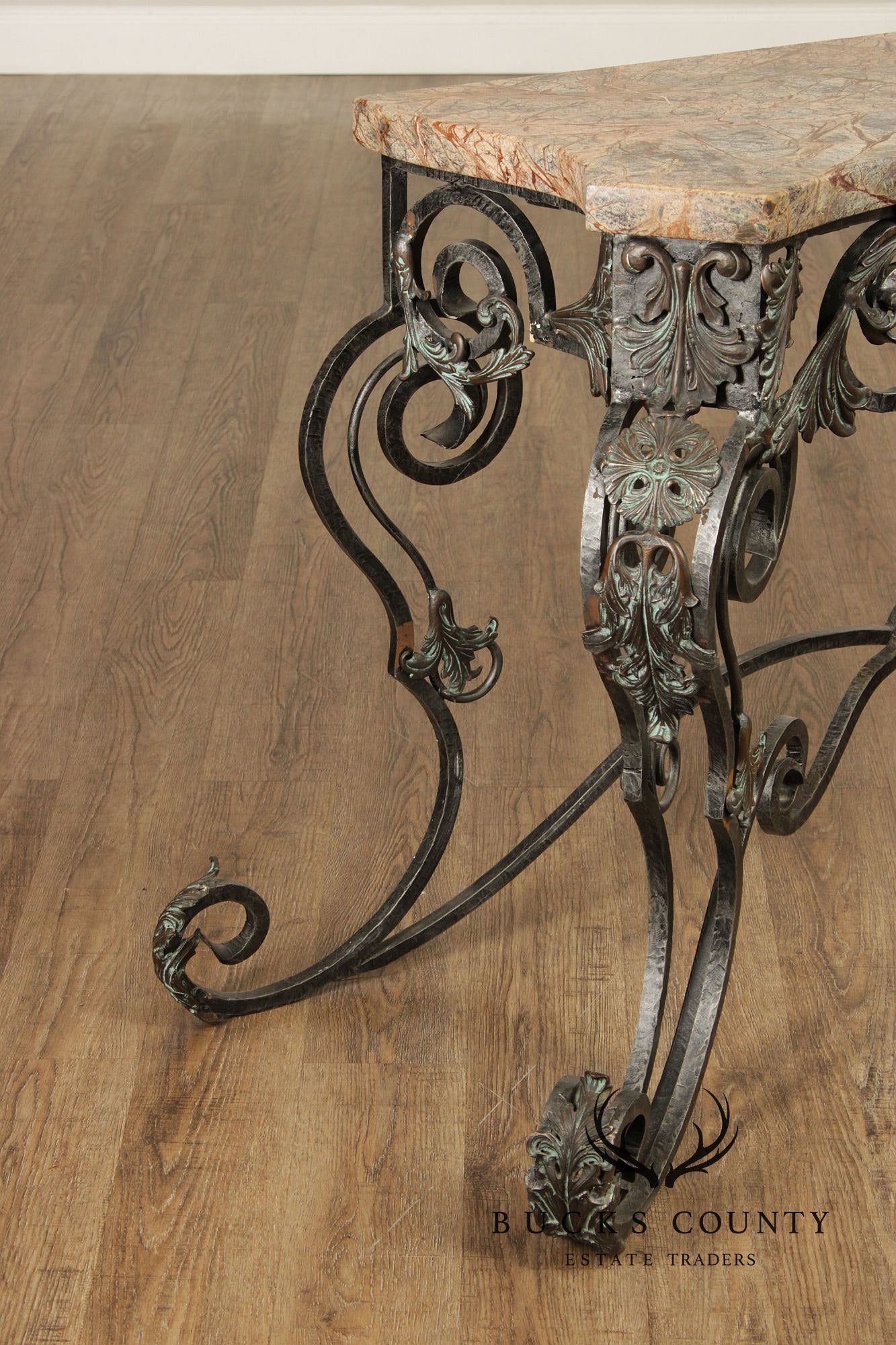 Maitland Smith Italian Rococo Style Scrolled Iron And Bronze Marble Top Console Table