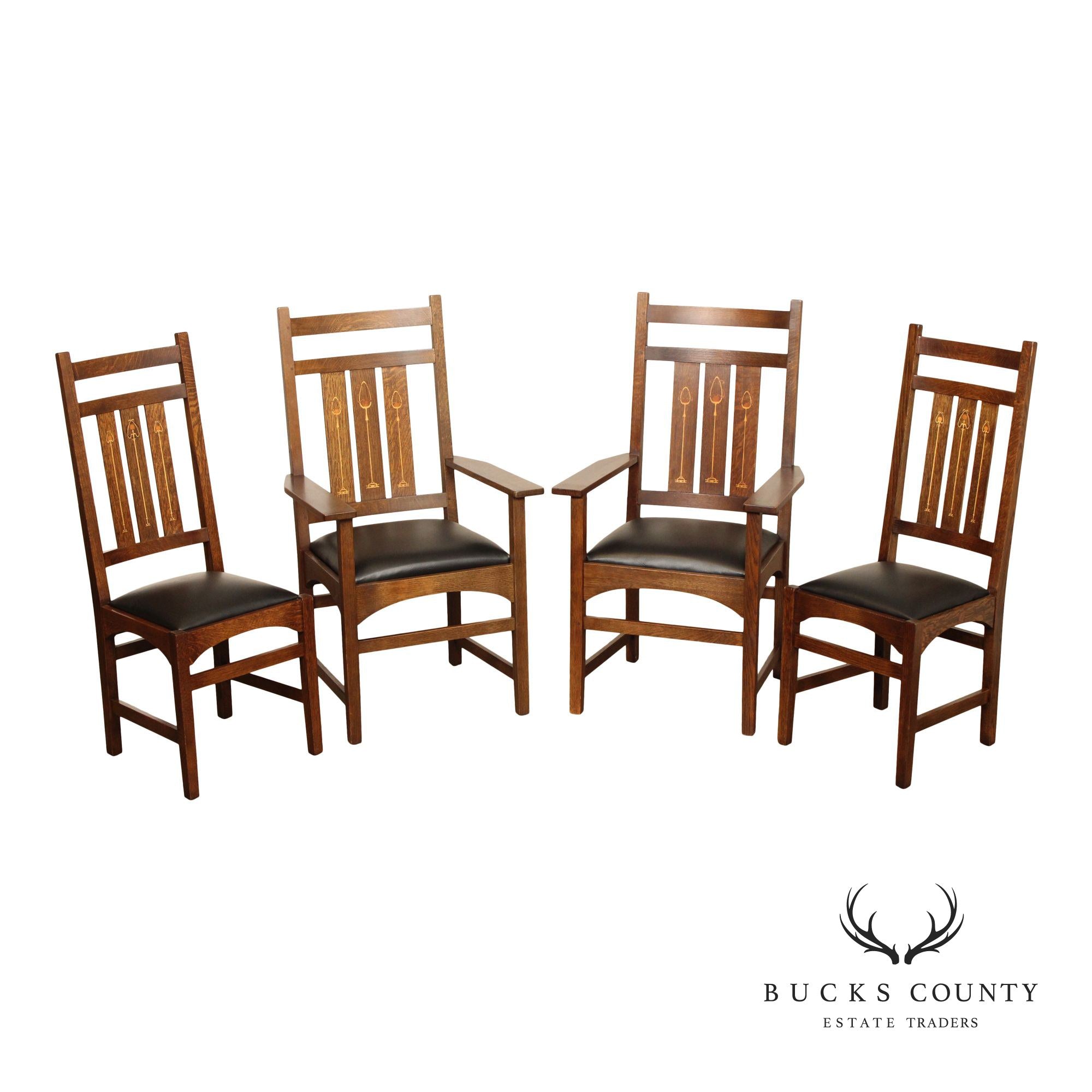 Stickley Mission Collection Set of Four Harvey Ellis Inlaid Oak Dining Chairs