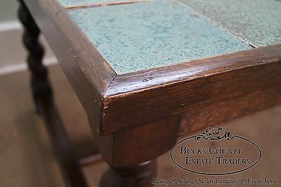 Antique Arts & Crafts Oak Barley Twist Green Tile Top Dining Table