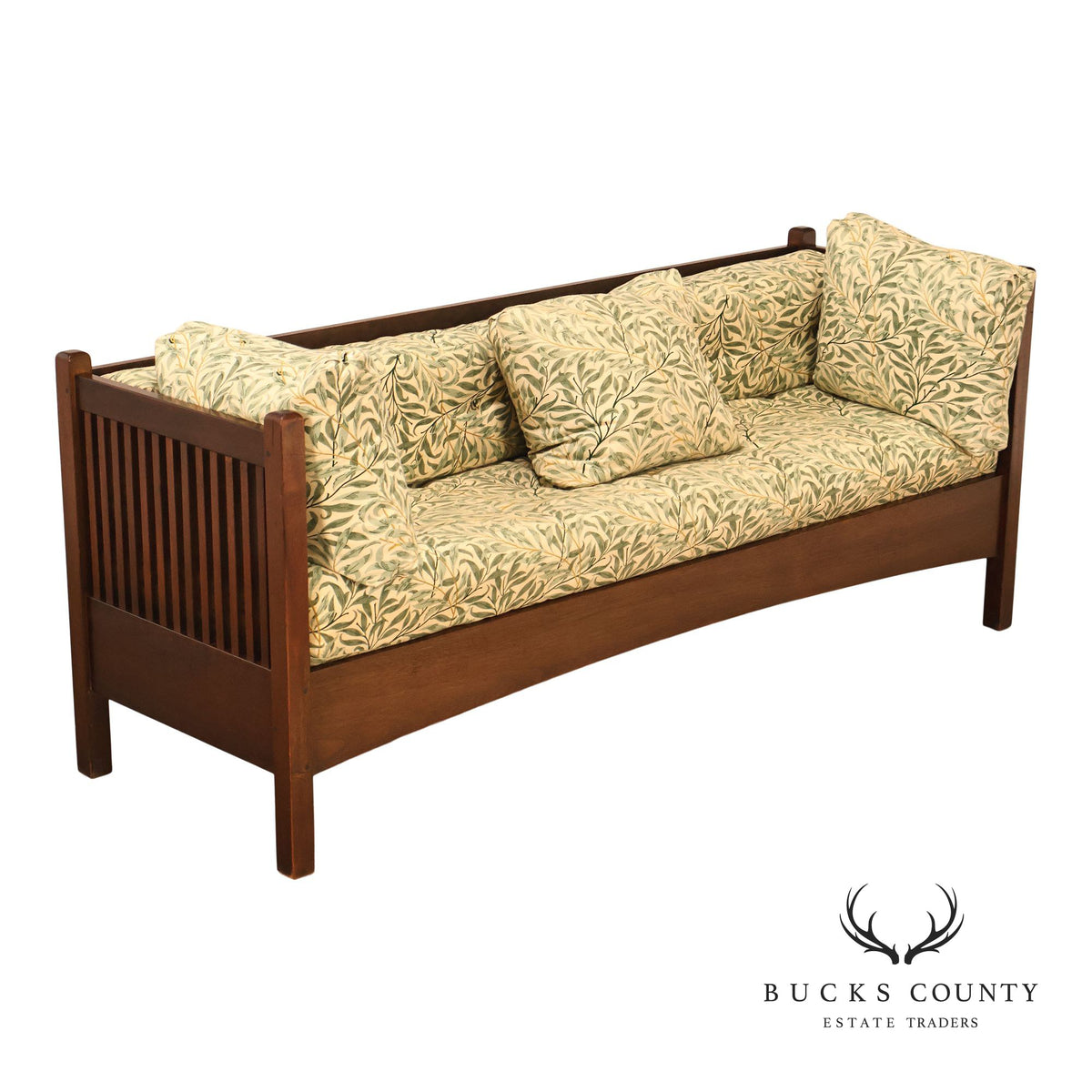 Mission Style Mahogany Spindle Settle With Botanical Upholstery