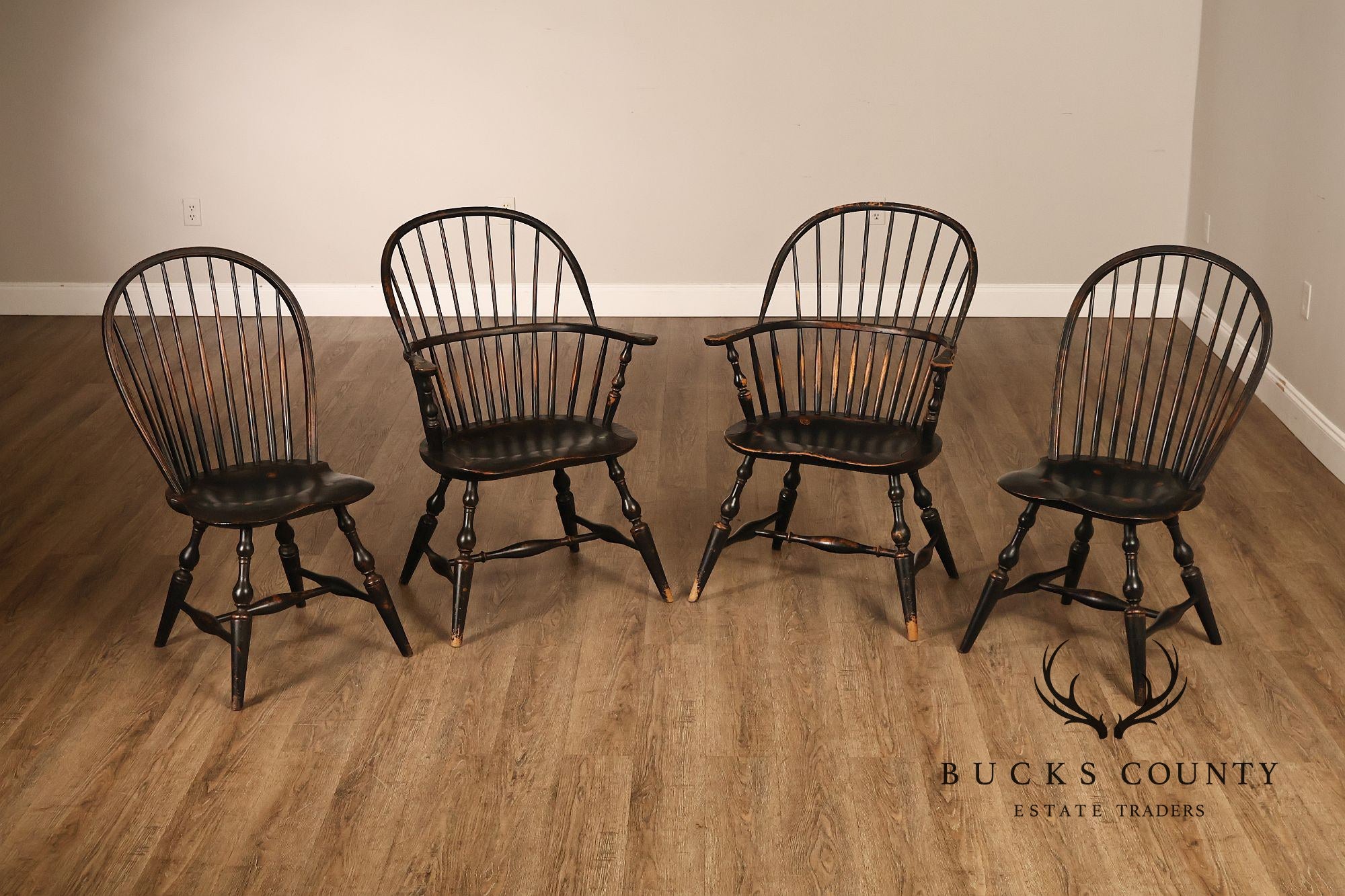 Richard Grell Set of Four Distress Painted Windsor Chairs