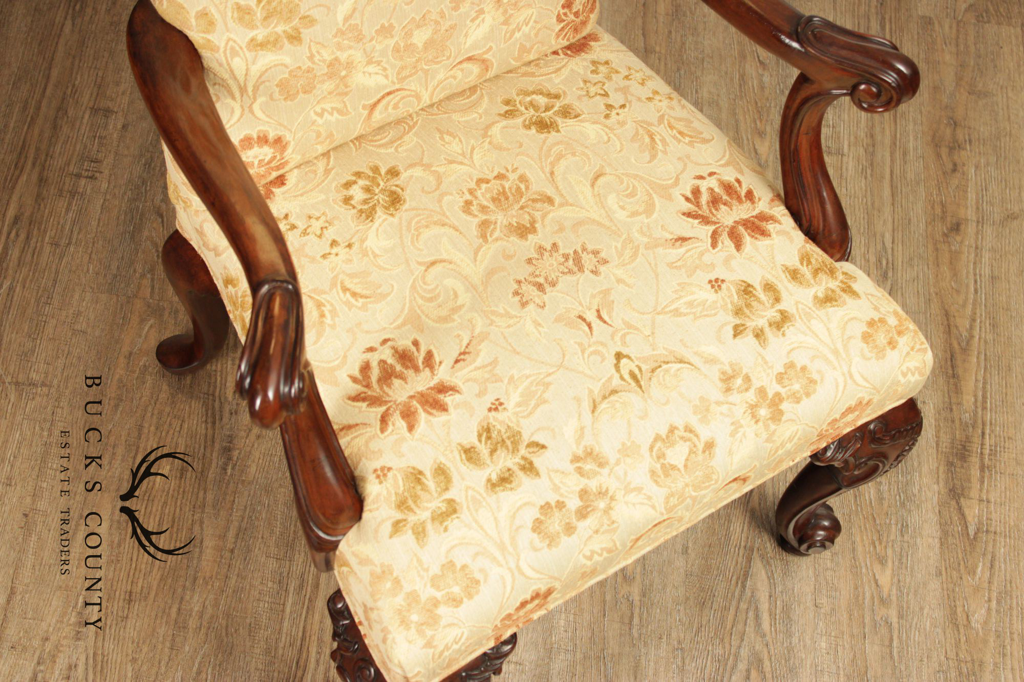 Henredon Scroll and Floral Upholstered Cabriole Leg Armchairs