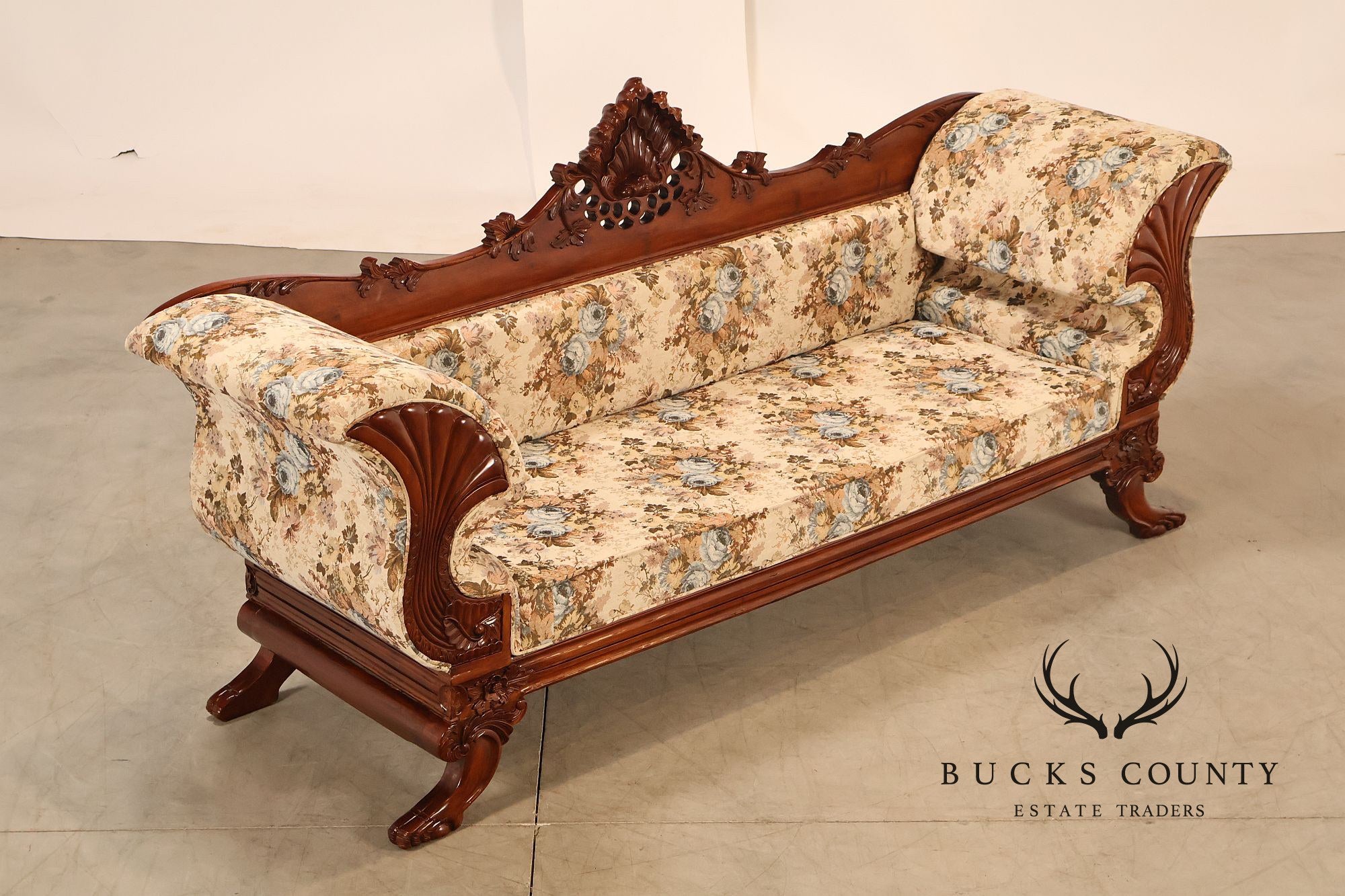 Victorian Style Carved Floral Upholstered Sofa