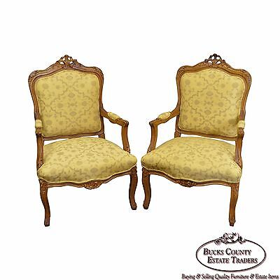 Quality Pair of Custom Upholstered Solid Walnut Louis XV Style Arm Chairs