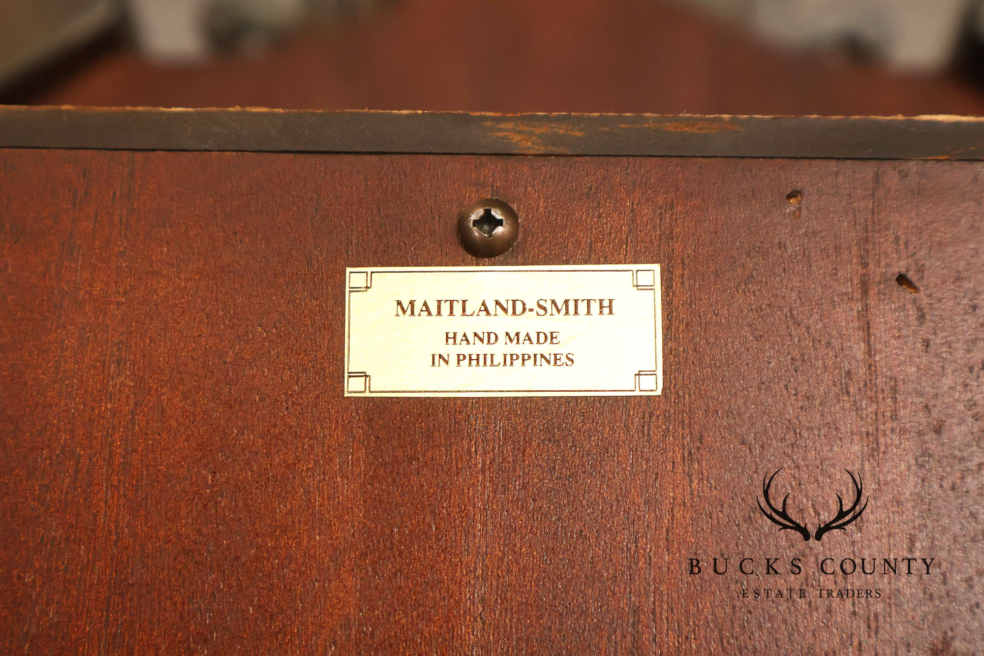 Maitland-Smith Large Mahogany Armoire Cabinet With Bronze Scrollwork Finials And Raised Panel Doors