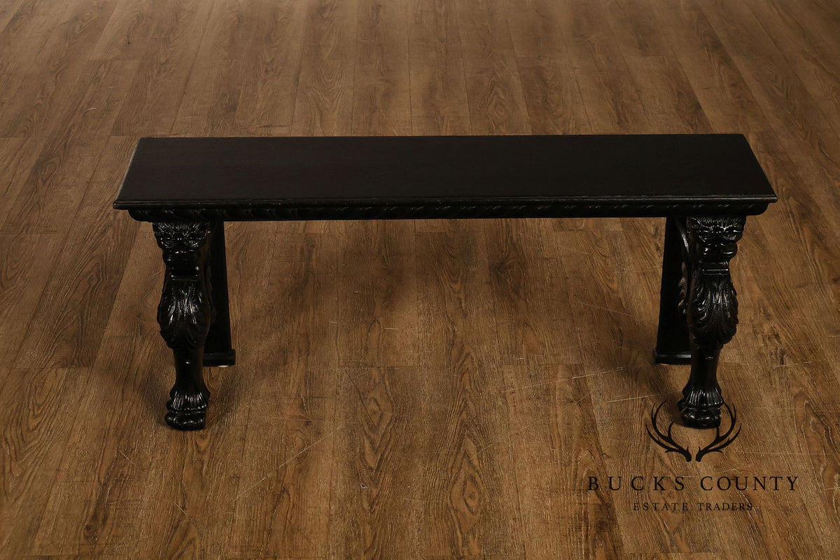 Antique Renaissance Revival Ebonized Oak Carved Griffin Bench