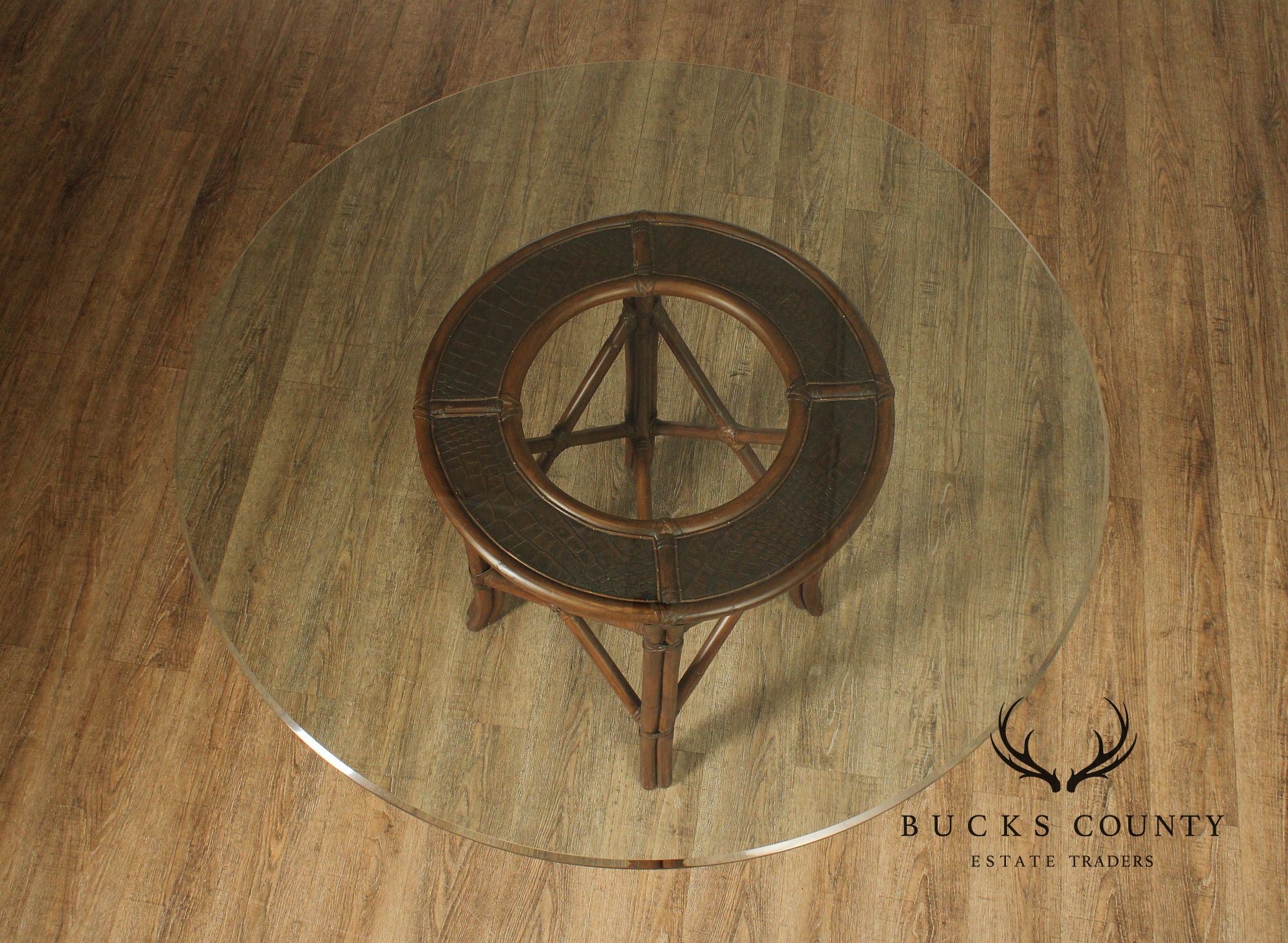 Hollywood Regency Round Glass Top Rattan Dining Table