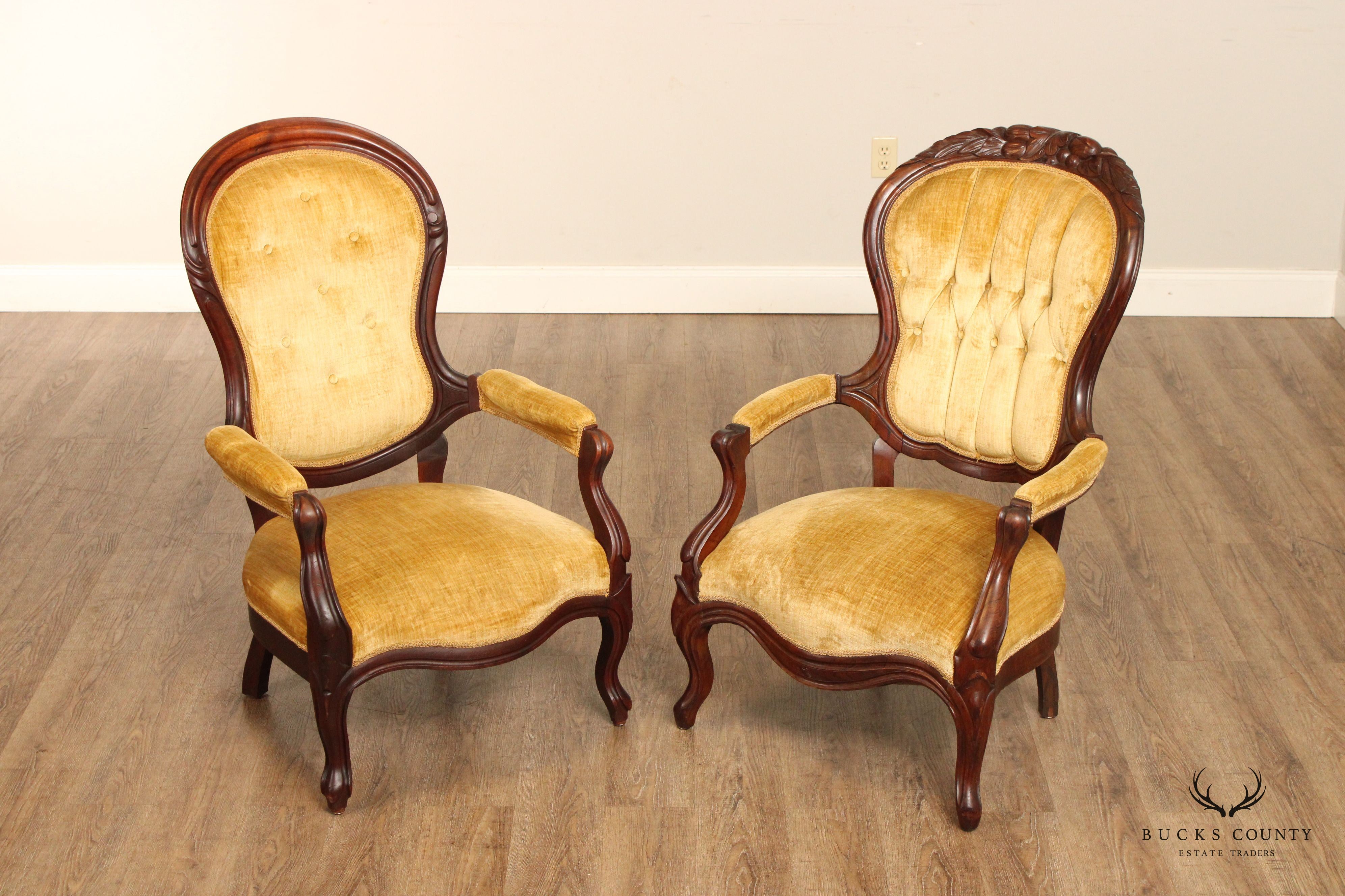 Antique Victorian Lady's and Gentleman's Complimenting Pair of Walnut Armchairs