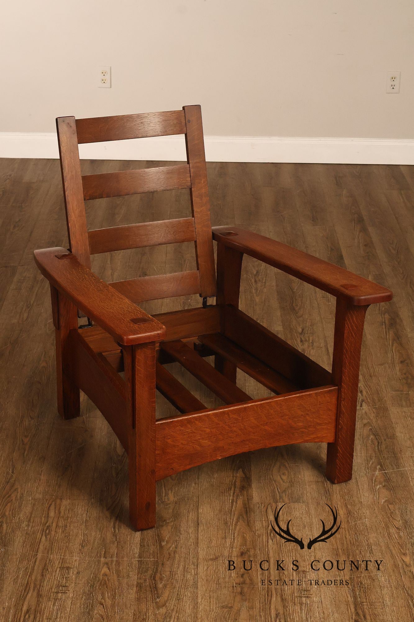 Antique Limbert Arts And Crafts Oak Morris Chair With Leather Cushions