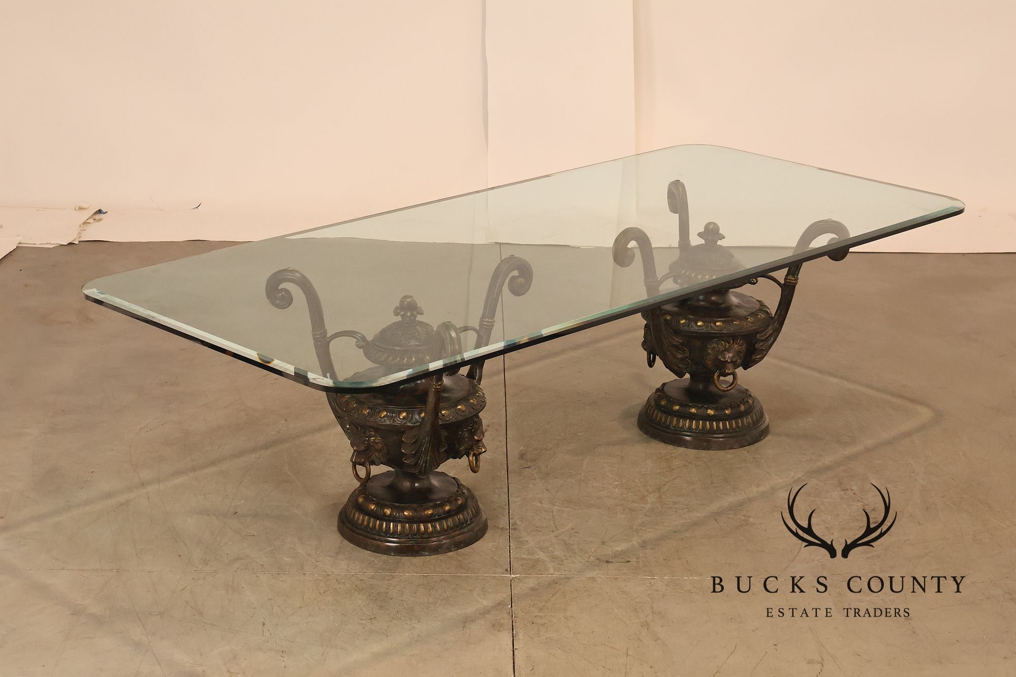 Monumental Brass Urn Form  Double Pedestal Glass Top Dining Table