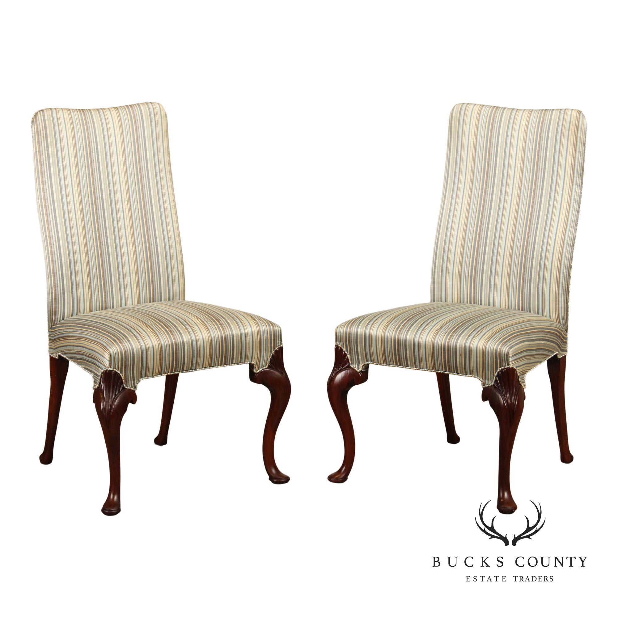 Queen Anne Style Pair of Carved Mahogany Upholstered Side Chairs