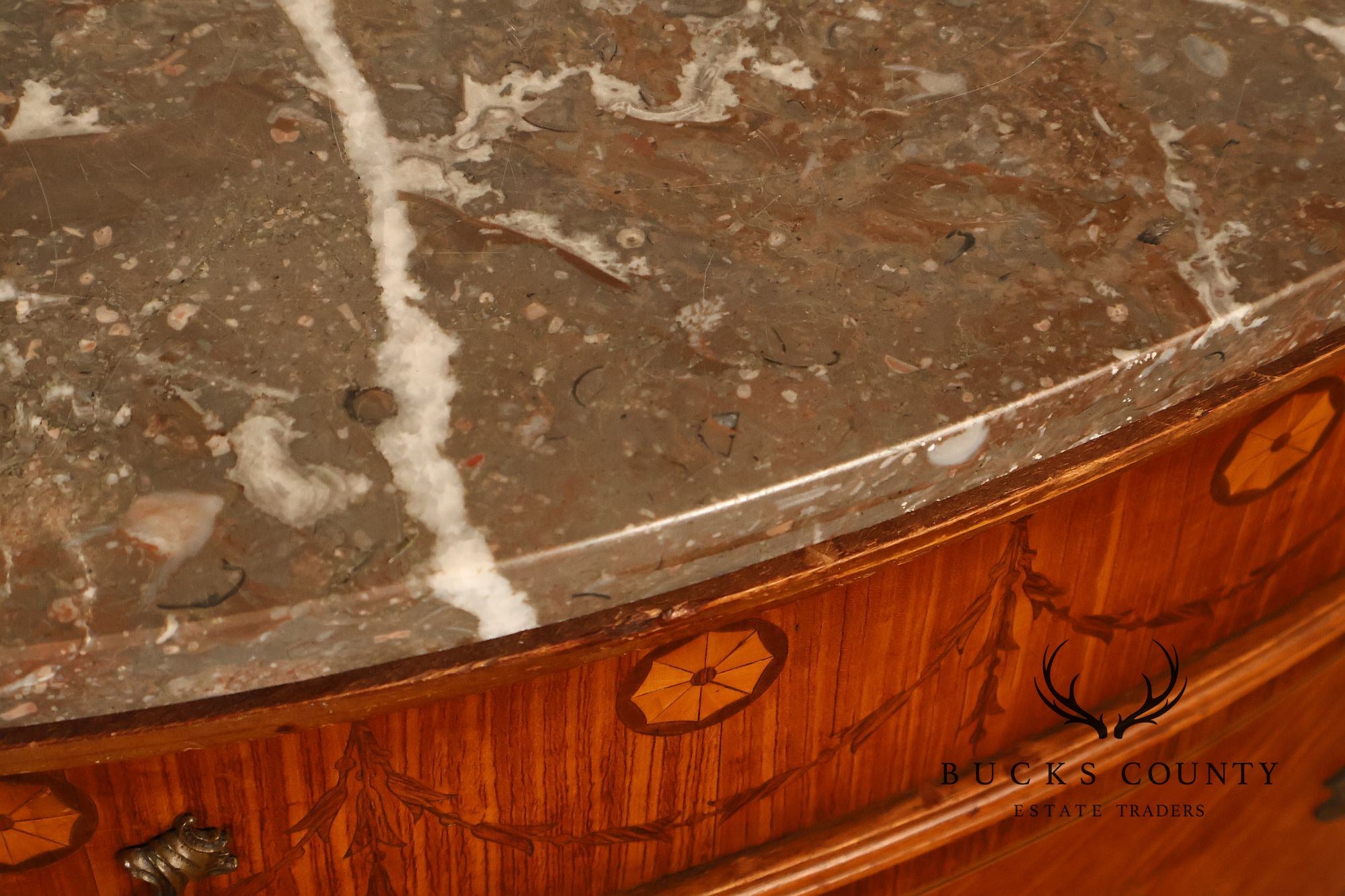 Antique French Louis XVI Neoclassical Inlaid Demilune Marble Top Commode