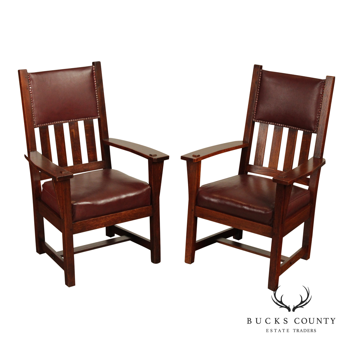 Antique Arts and Crafts Pair of Mission Oak Armchairs